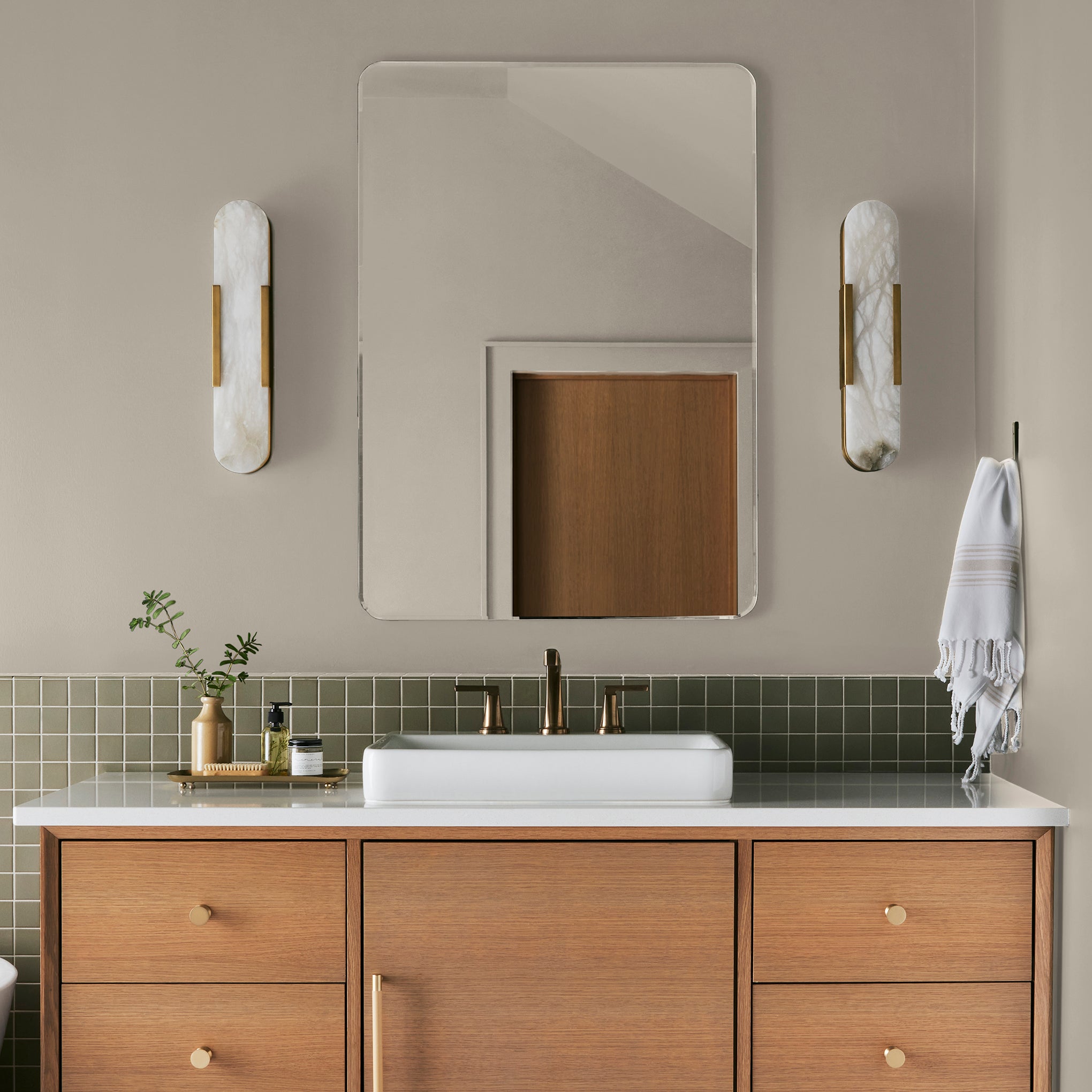 A light warm beige Interior Paint named plaster shown painted on bathroom wall