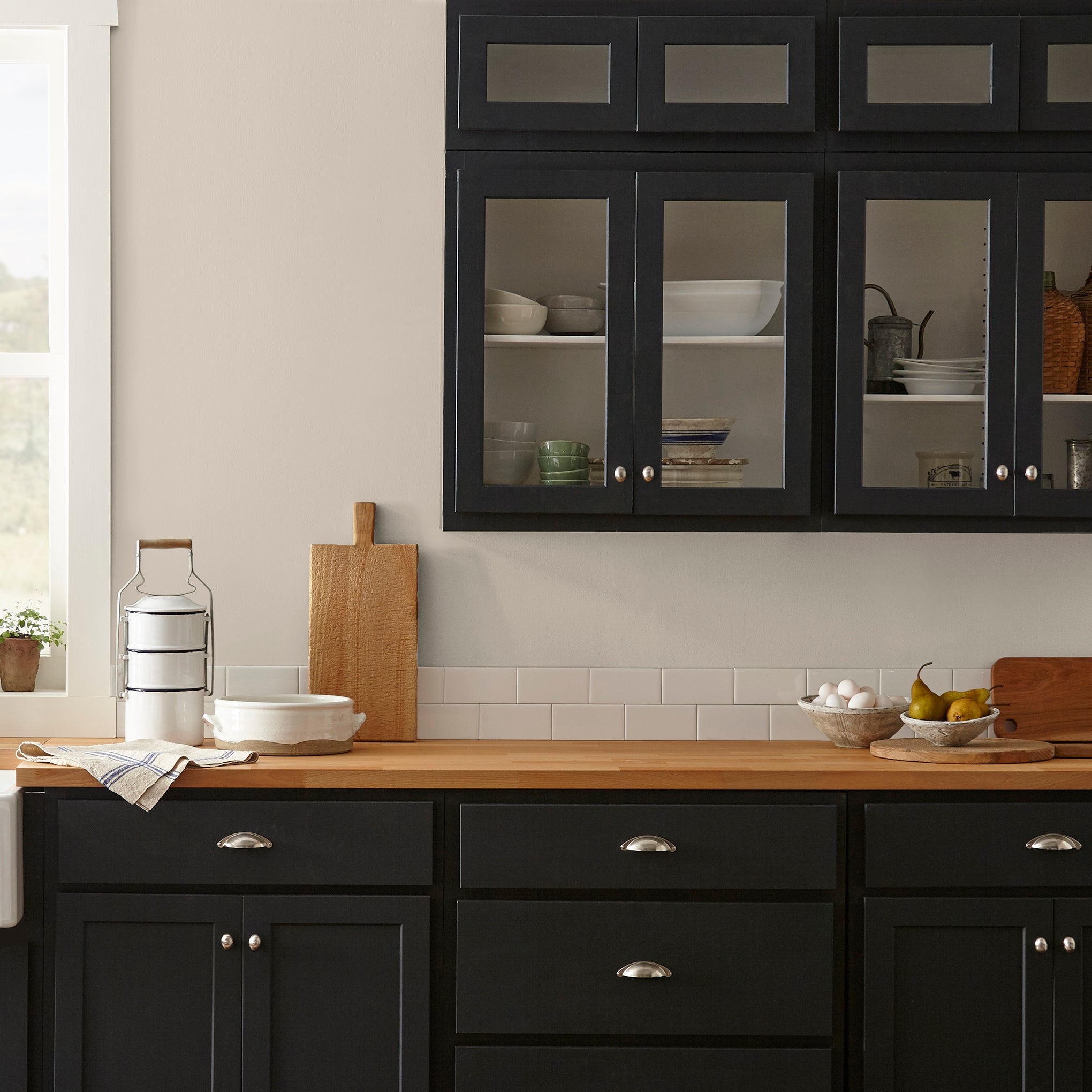 A light warm beige Interior Paint named plaster shown painted on kitchen wall