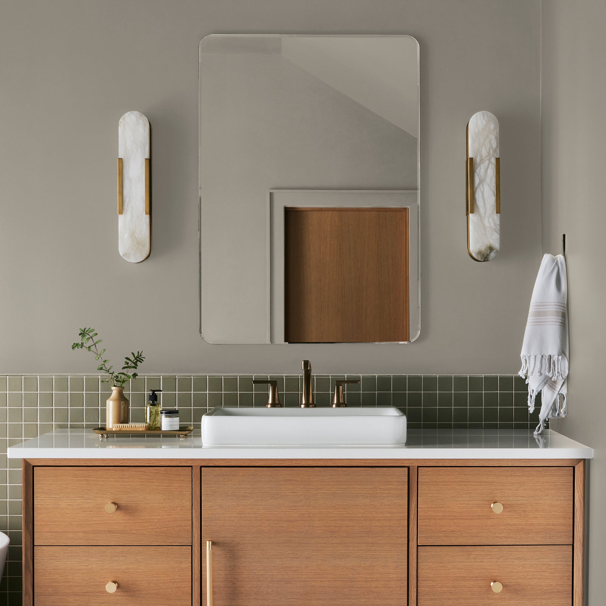 Soft french gray interior paint named Drawing Room shown painted on bathroom wall