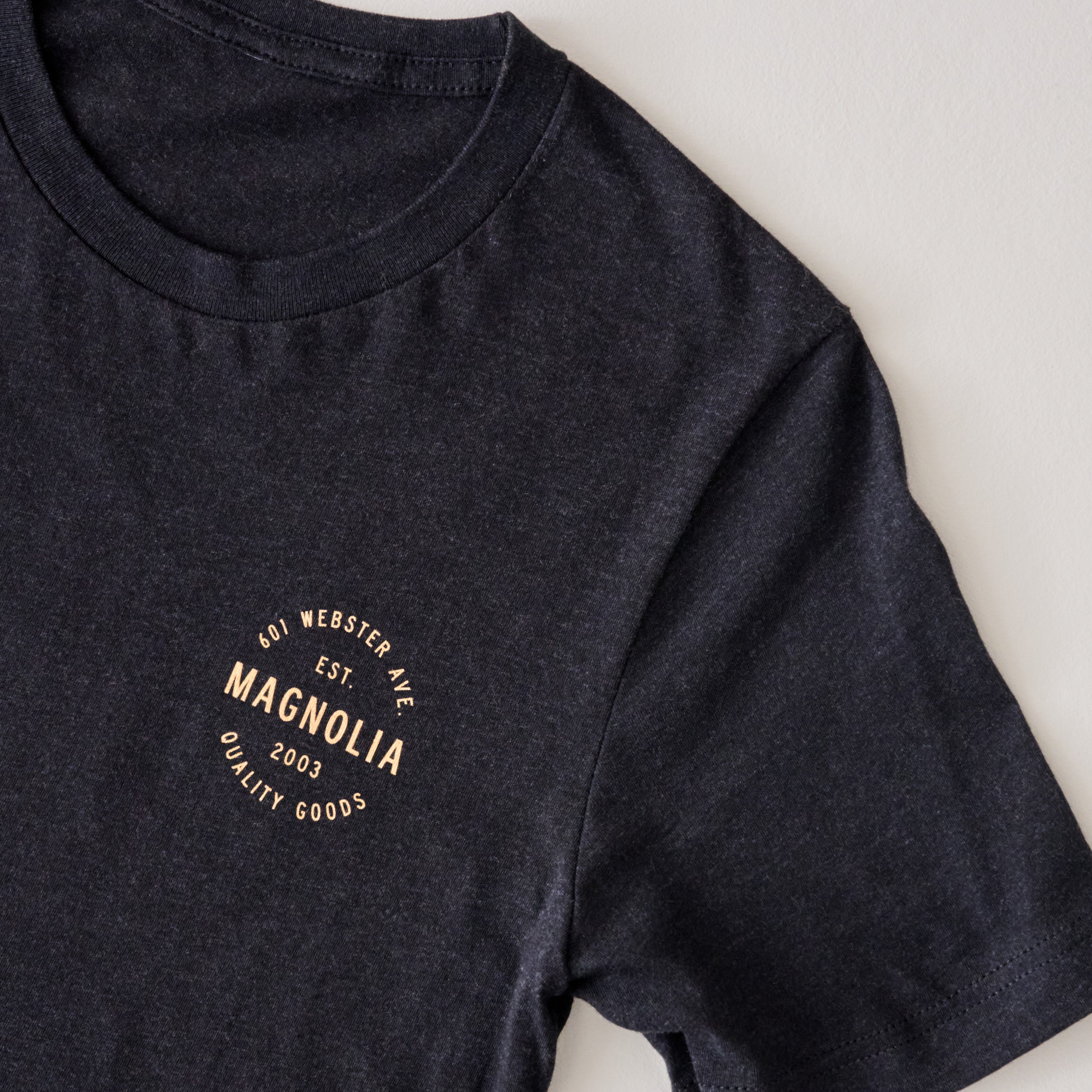 Magnoliass Crest Charcoal Shirt up close