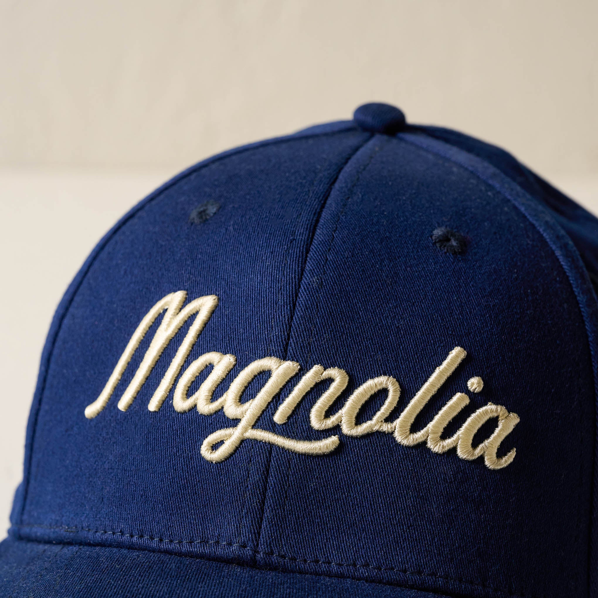 Magnoliass Script Embroidered Navy Hat close up