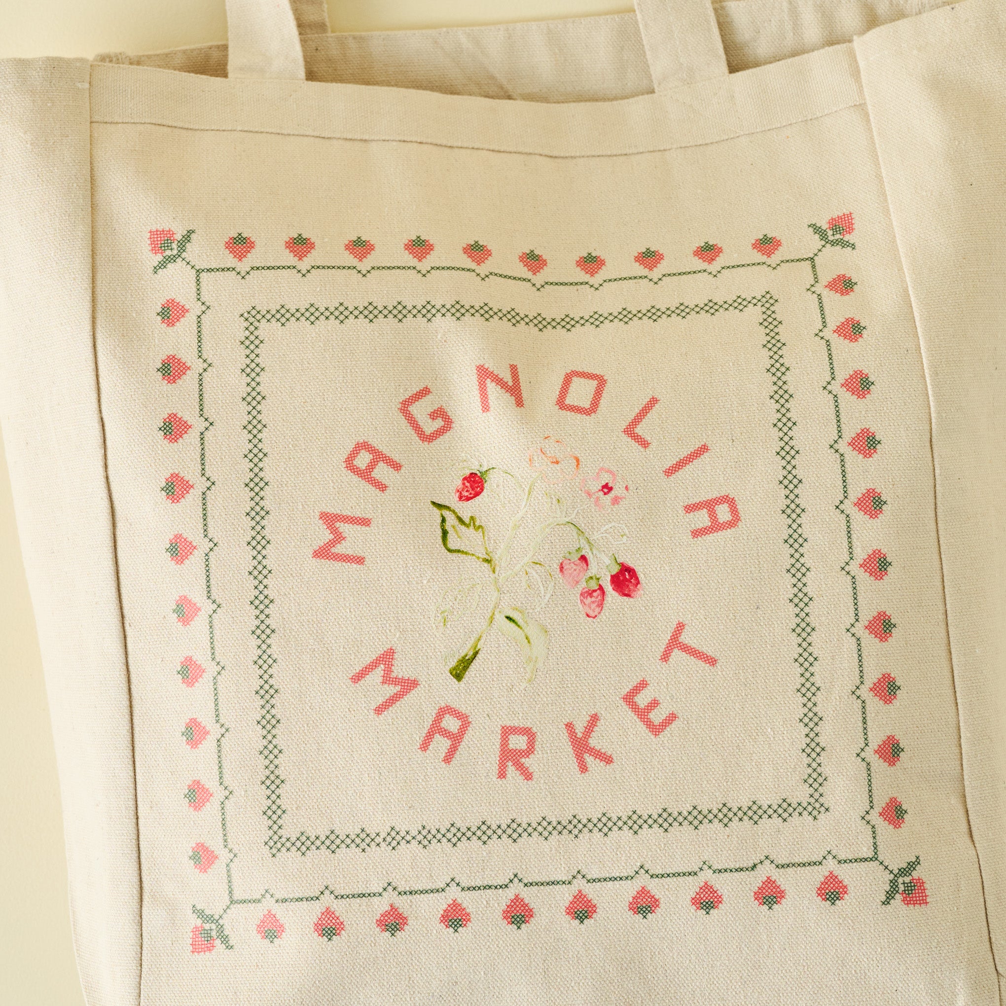Magnoliass Pink Strawberries Canvas Tote close up view