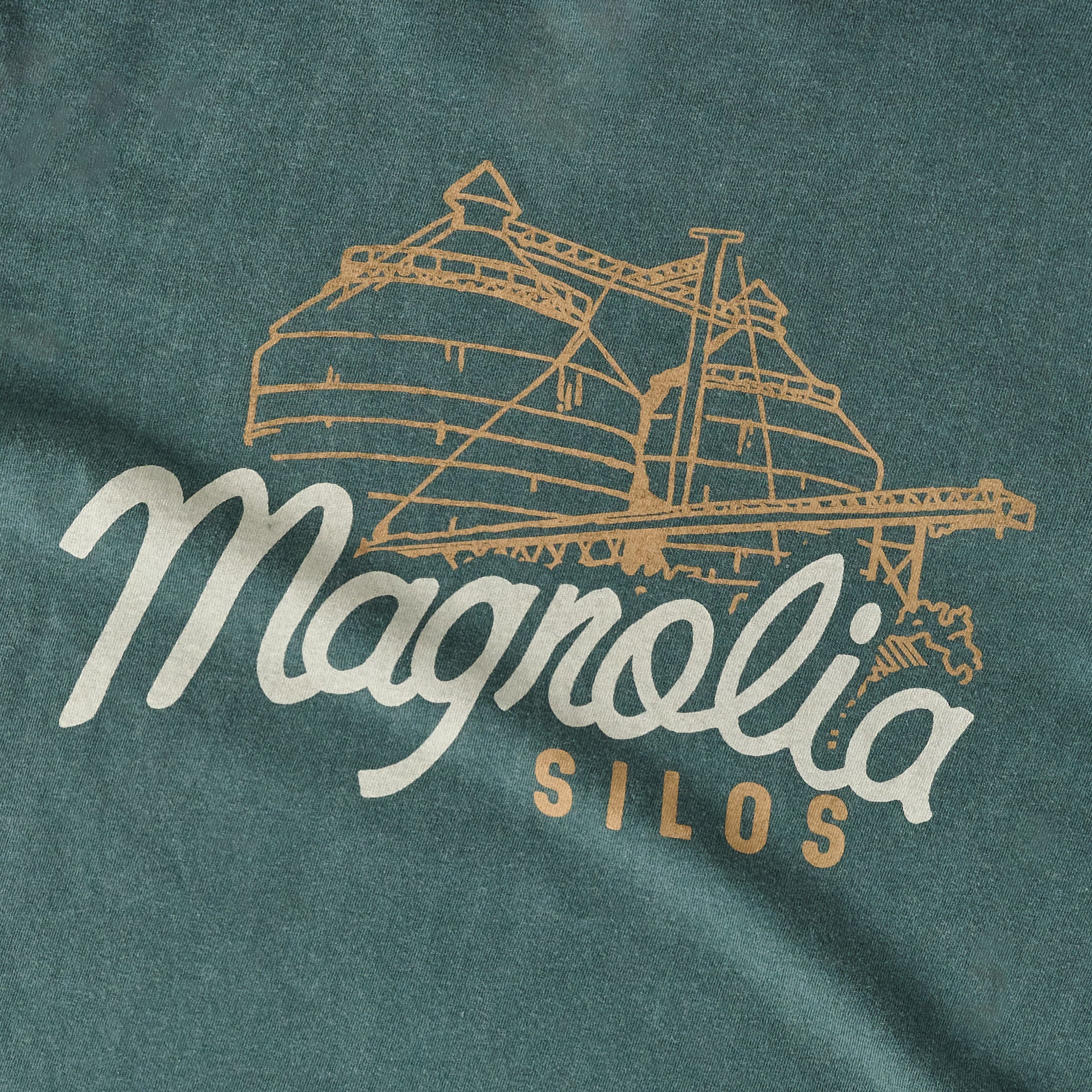 Back of Magnoliass Script Silos Blue Spruce Long Sleeve Shirt close up