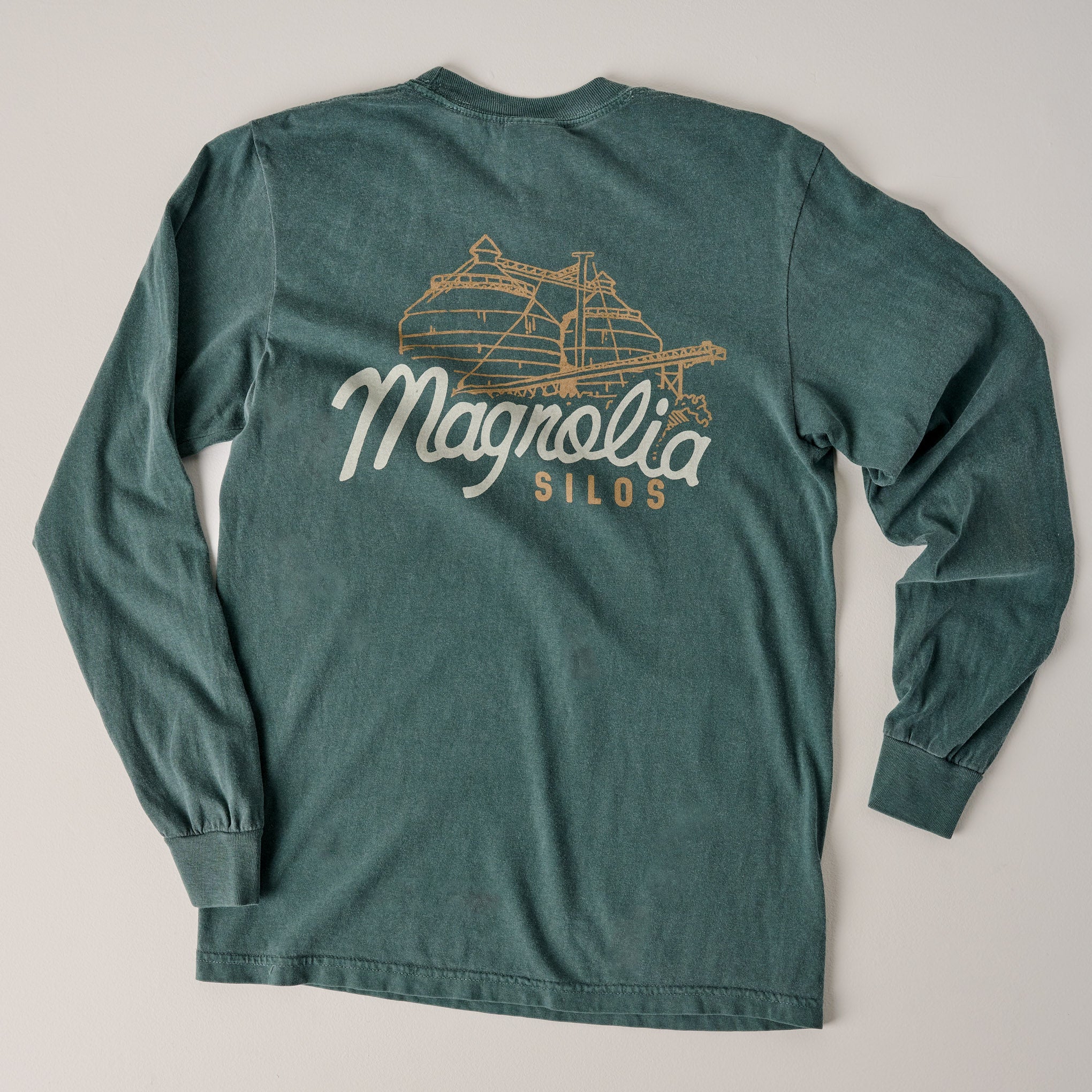 Back of Magnoliass Script Silos Blue Spruce Long Sleeve Shirt