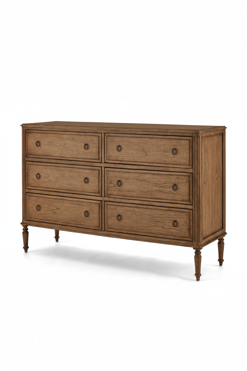 Corinne Wooden dresser with six drawers on a white background