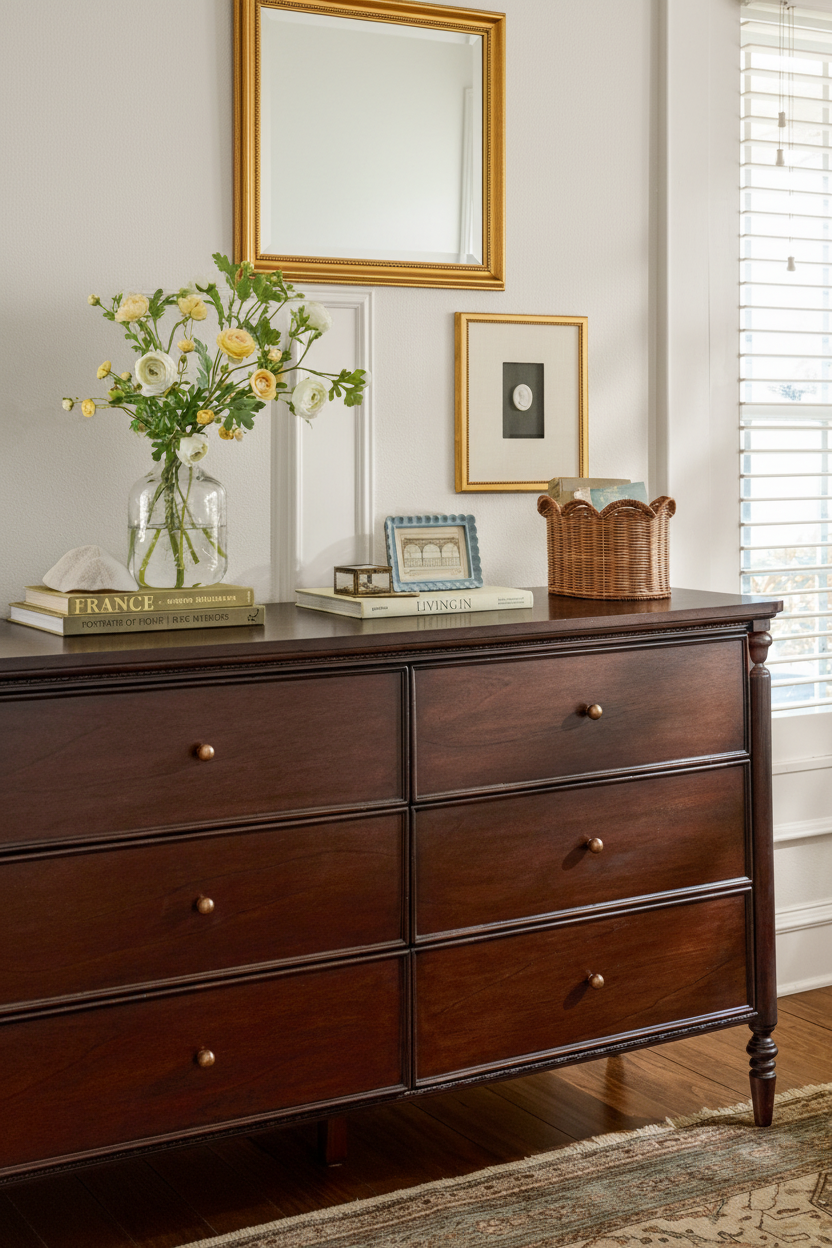 Miller Wooden dresser with decorative items including a vase of flowers and framed pictures in a room.