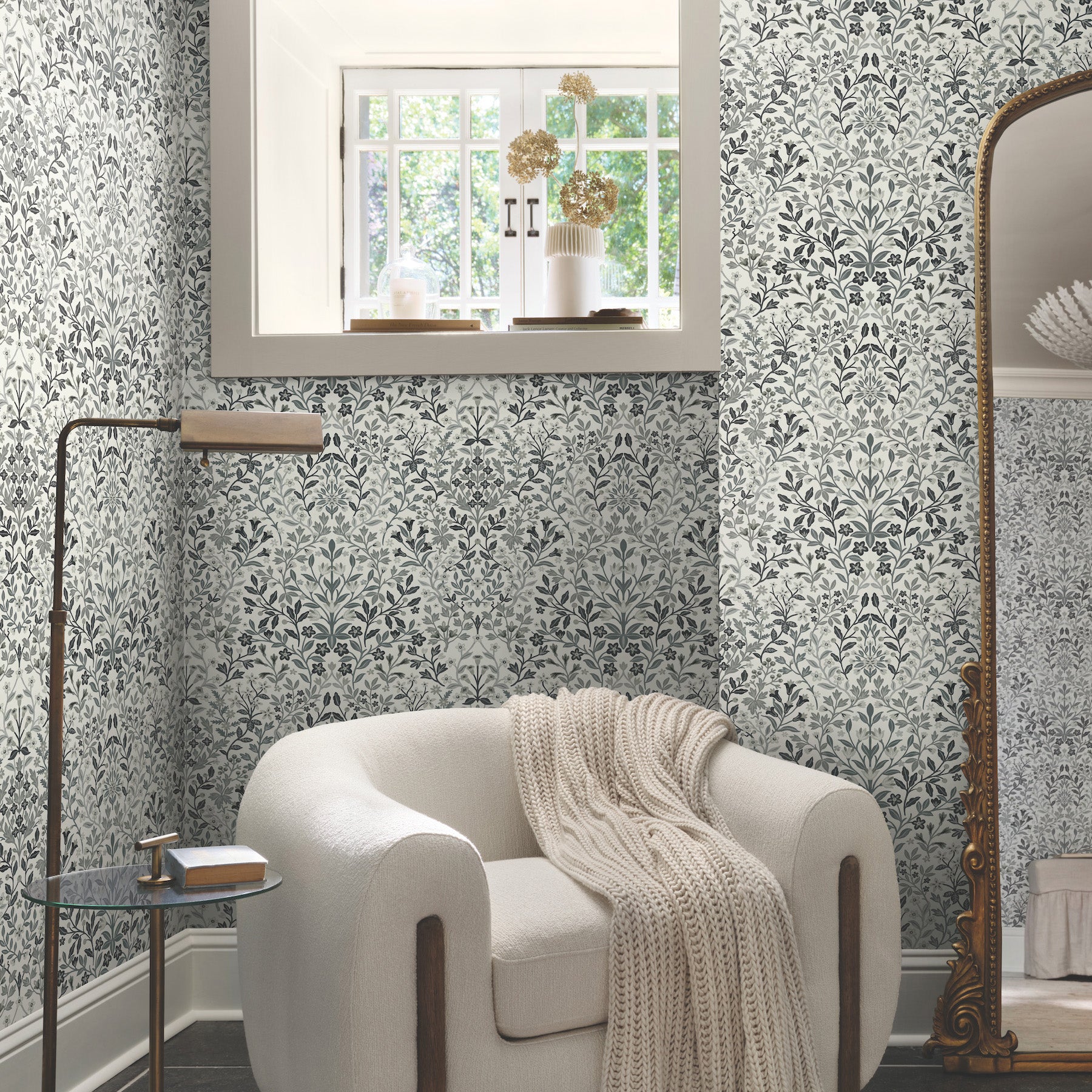 Garden Terrace Wallpaper in black and white shown in room