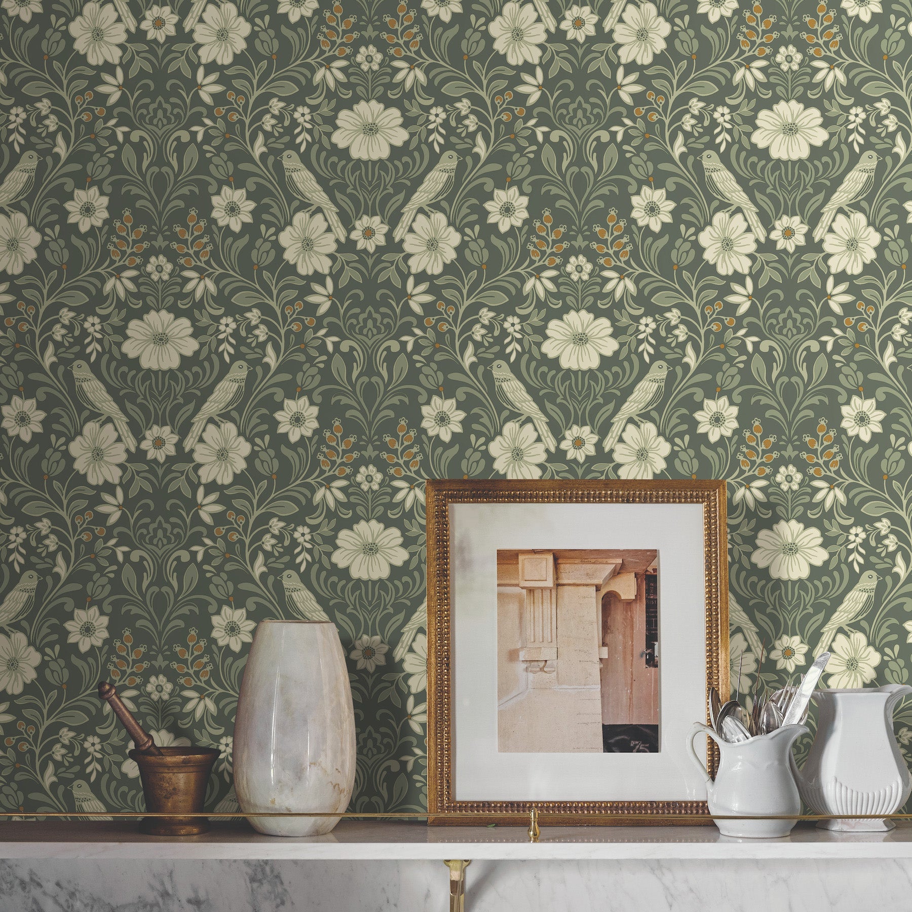 Colette Wallpaper in olive shown on wall