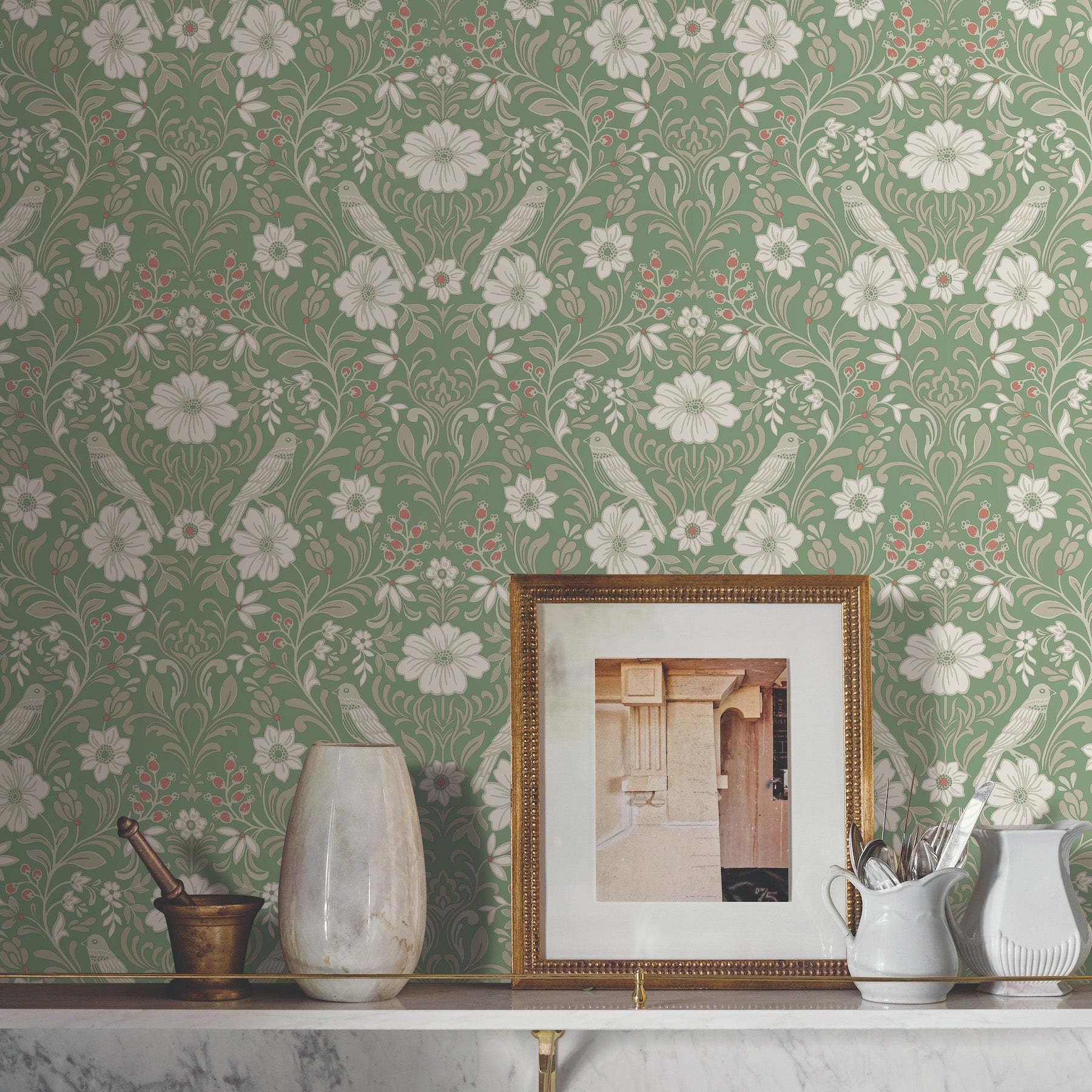 Colette Wallpaper in bright green shown on wall