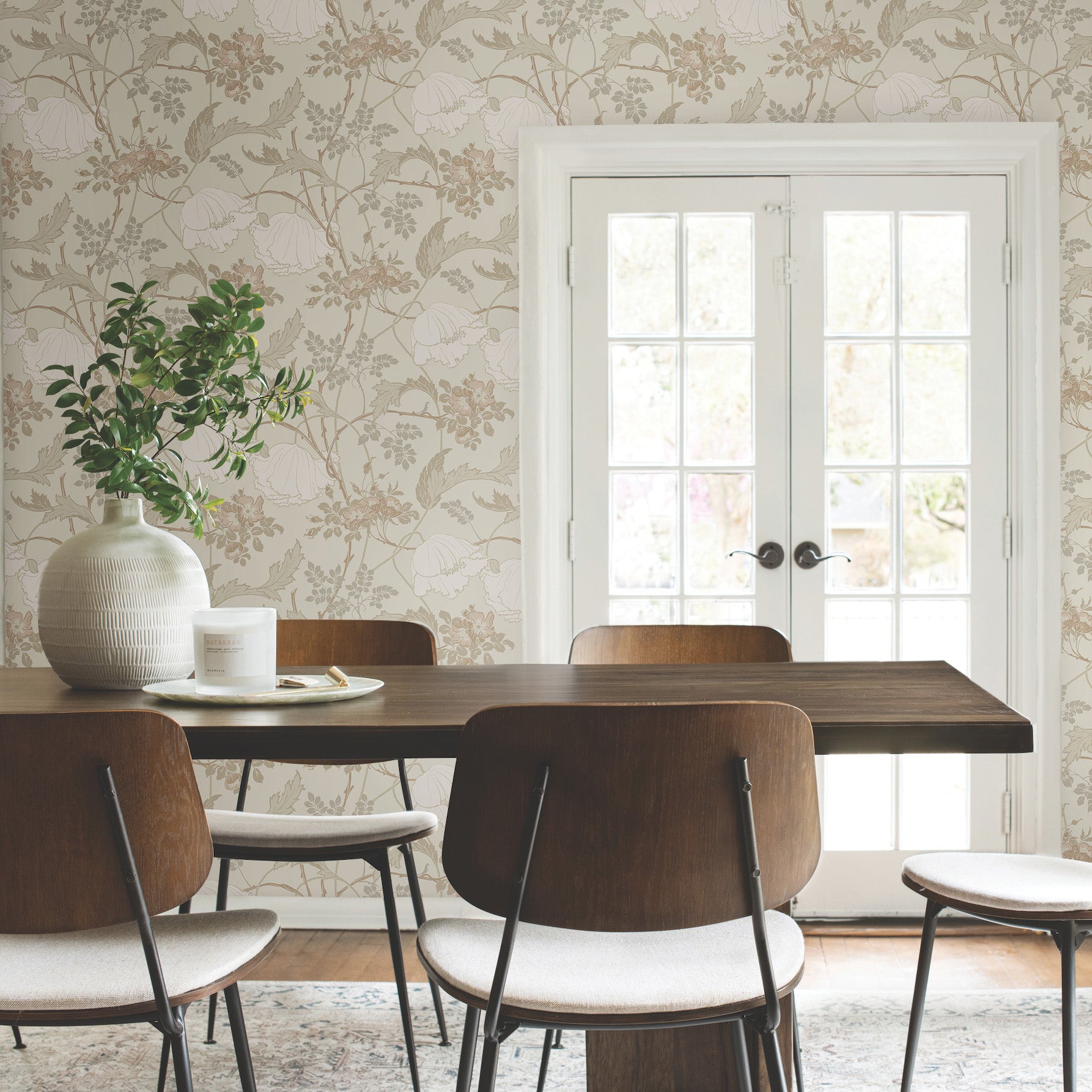 Gwendolyn Wallpaper in Neutral and Coral shown in room