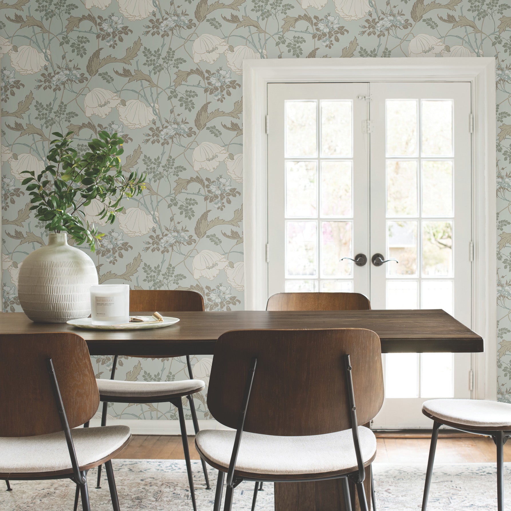 Gwendolyn Wallpaper in Blue and Suede shown in room