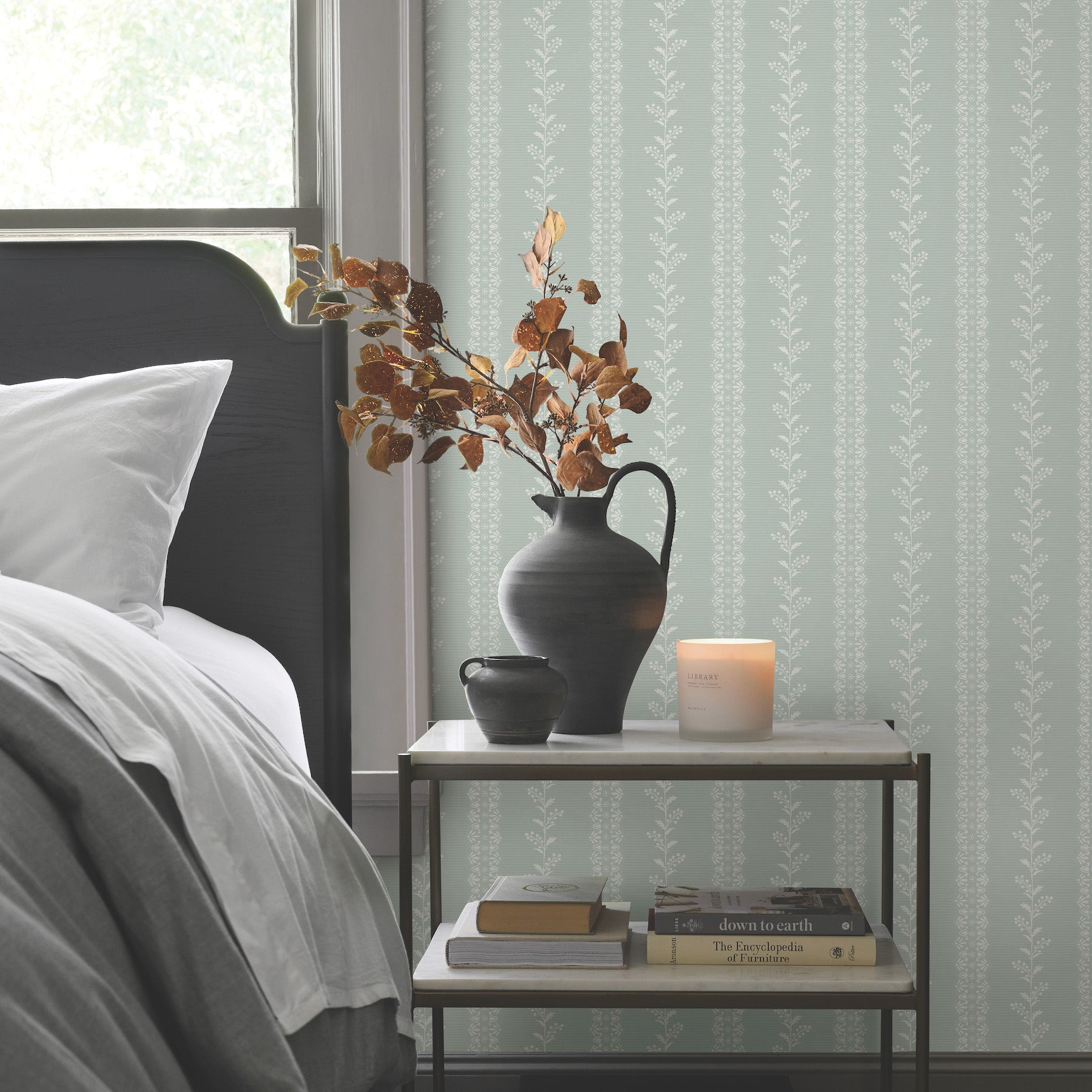 Everleigh Wallpaper in Sage shown in room