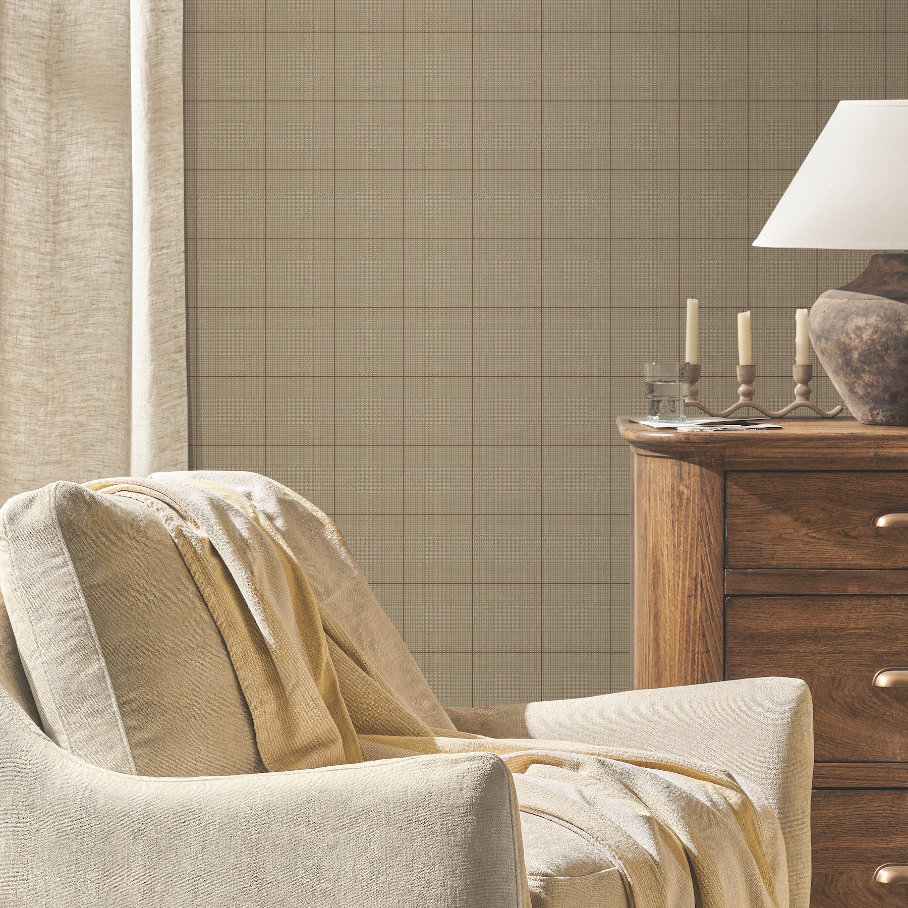 Windsor Wallpaper in mocha shown on wall