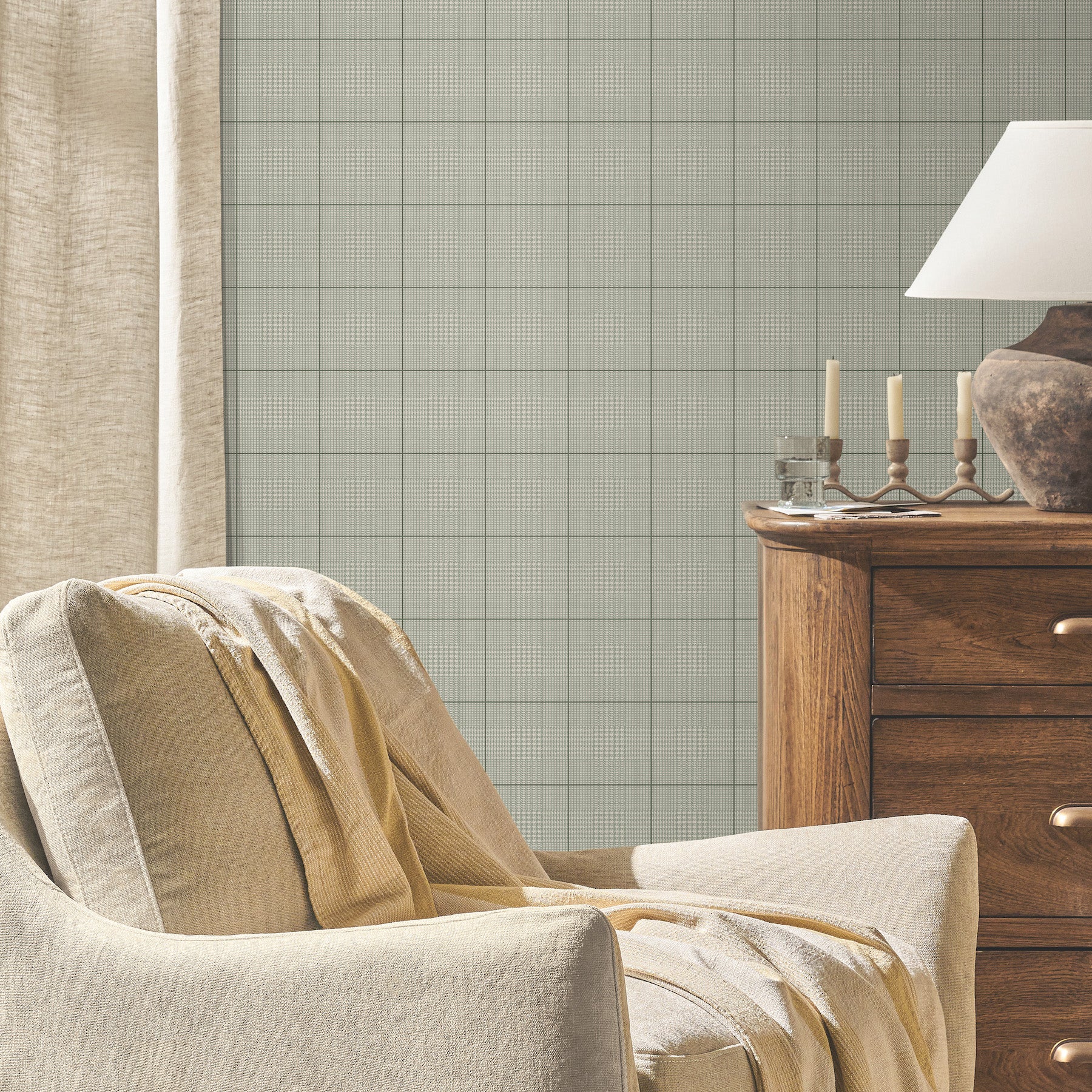 Windsor Wallpaper in green shown on wall