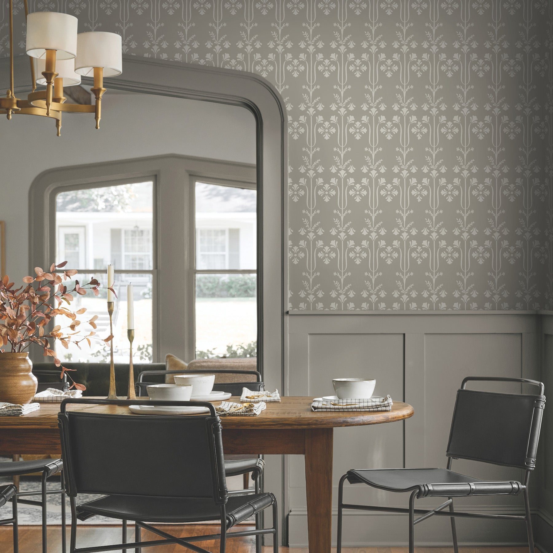 Lydia Wallpaper in Taupe shown in room