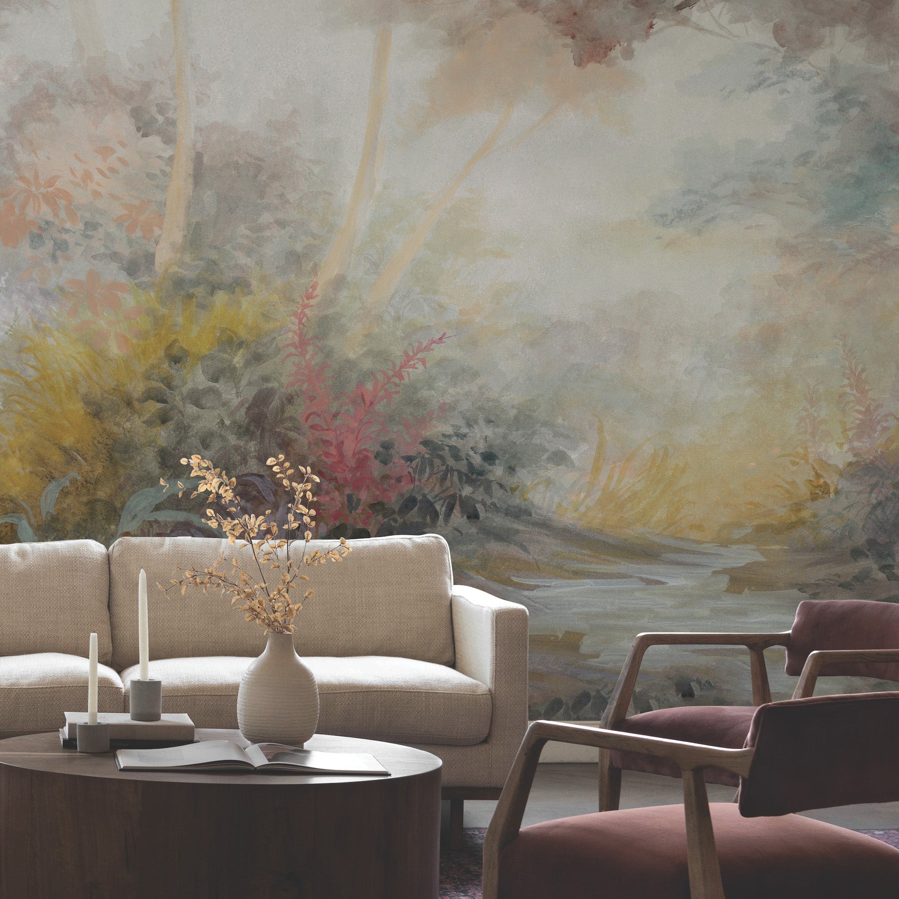 Woodlands Mural Wallpaper in multicolor shown on wall