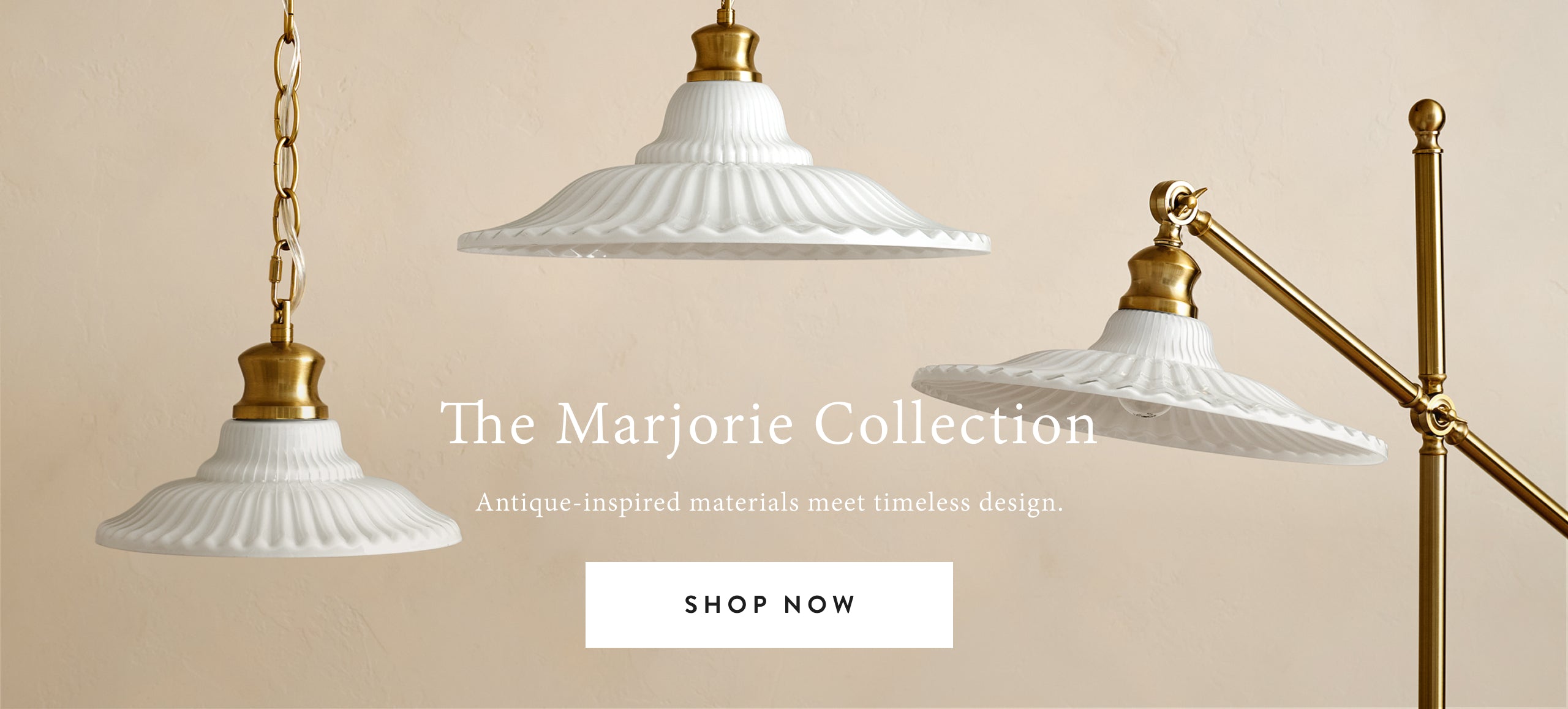Three pendant lights with gold accents on a beige background, featuring the Marjorie Collection branding.