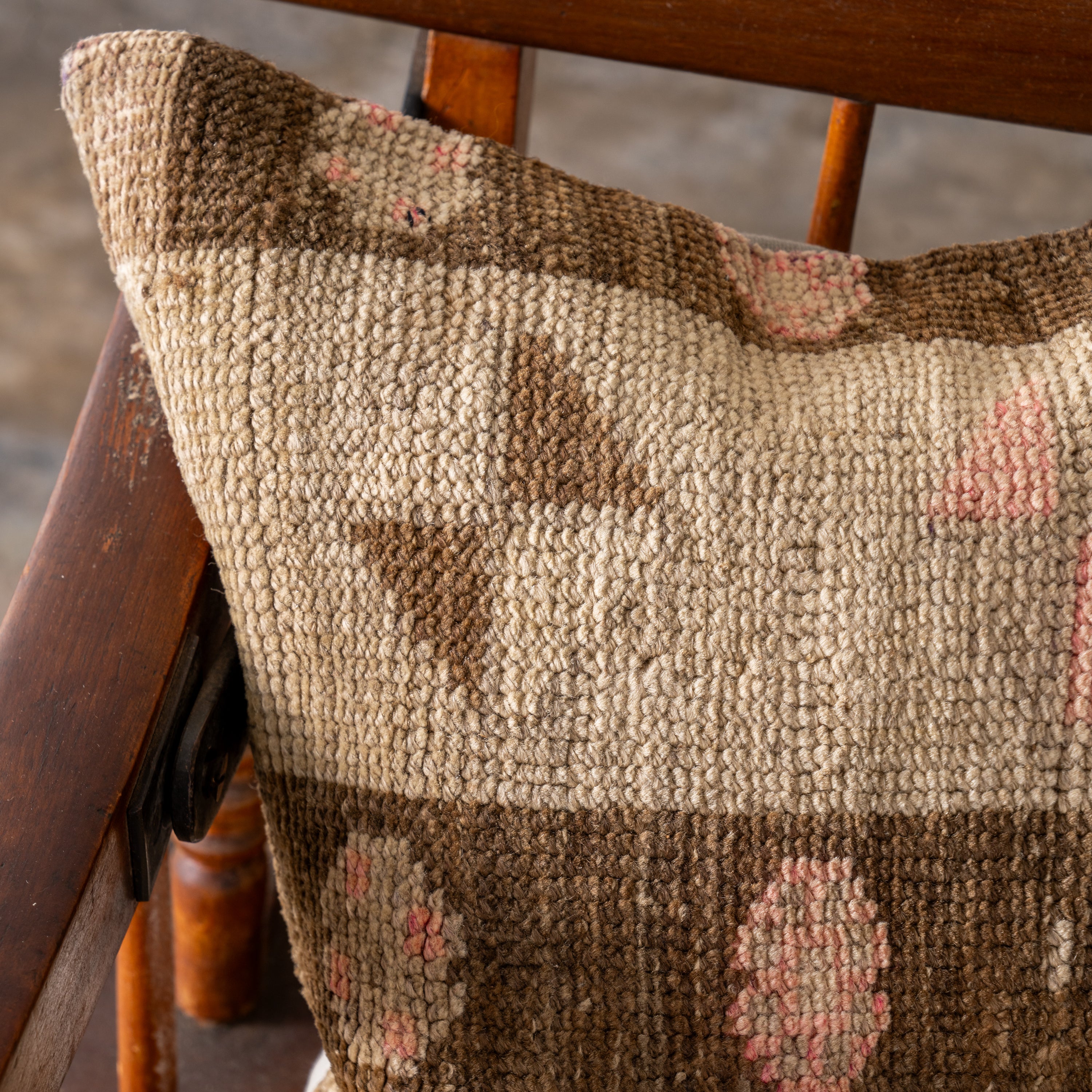 Vintage OAK Hand-Knotted Pillow on bench up close