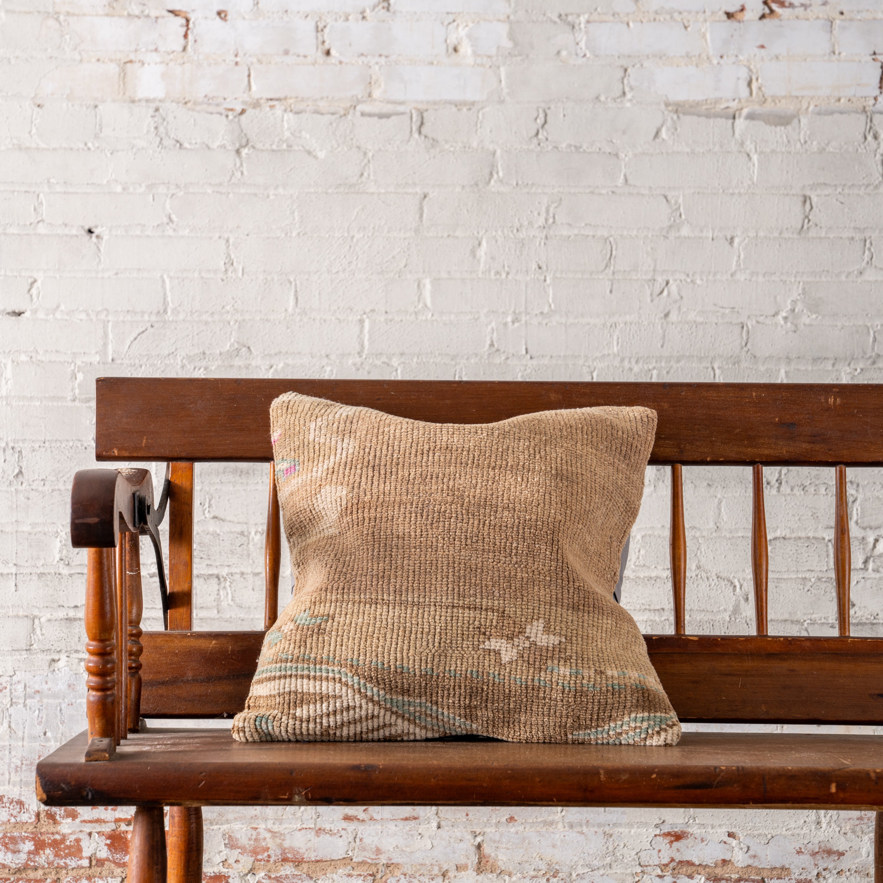 Vintage OAK Hand-Knotted Pillow on bench