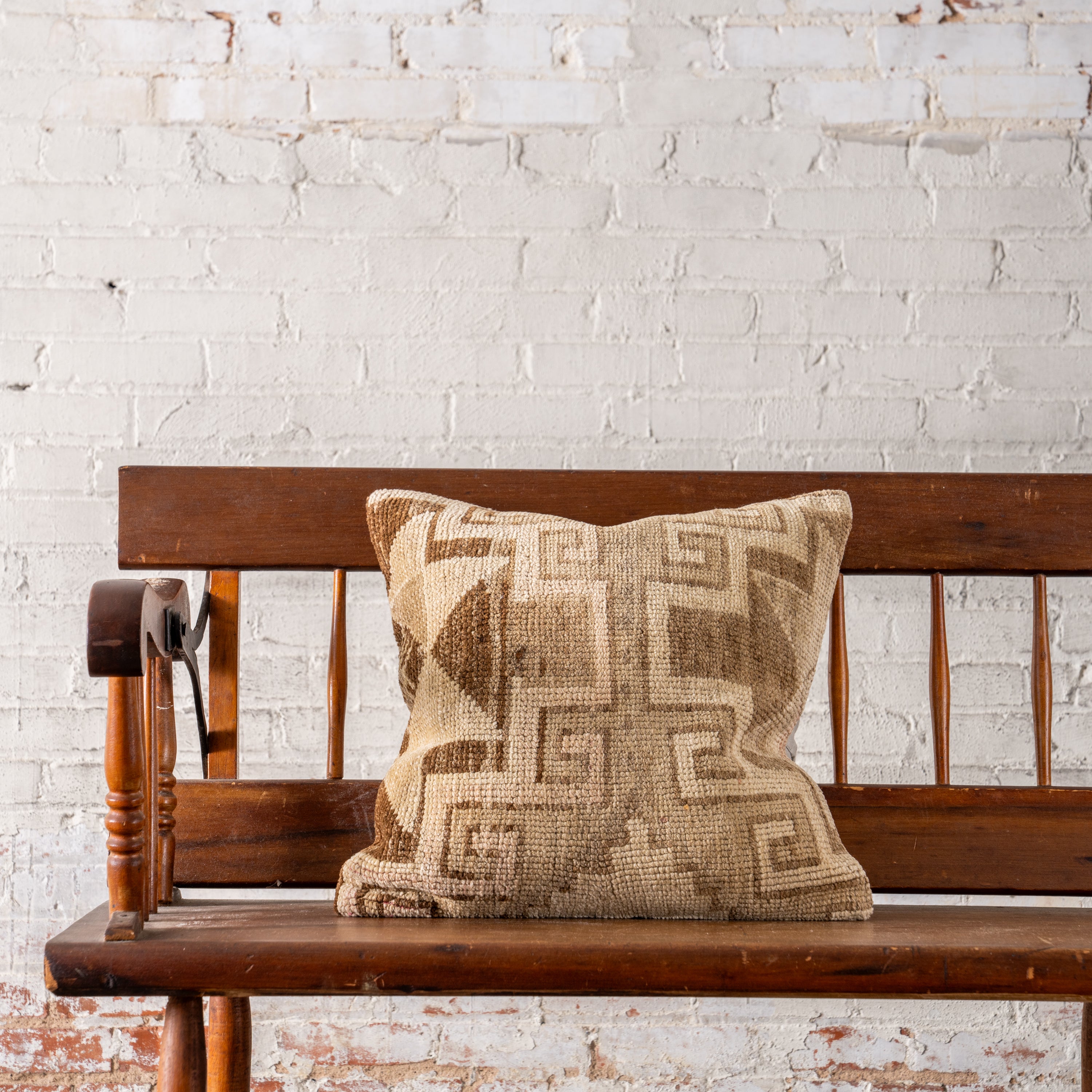 Vintage OAK Hand-Knotted Pillow on bench