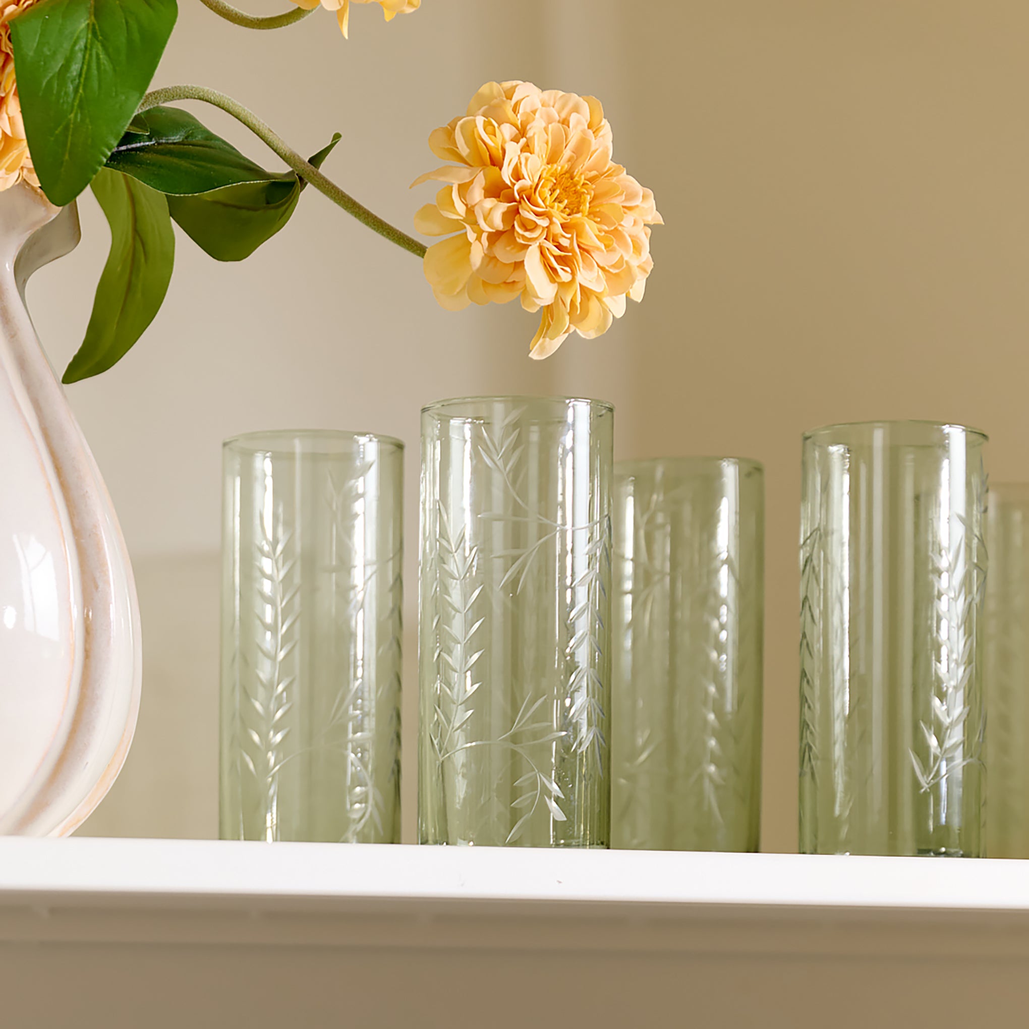 Recycled Etched Glass Tumbler, Green Large on shelf