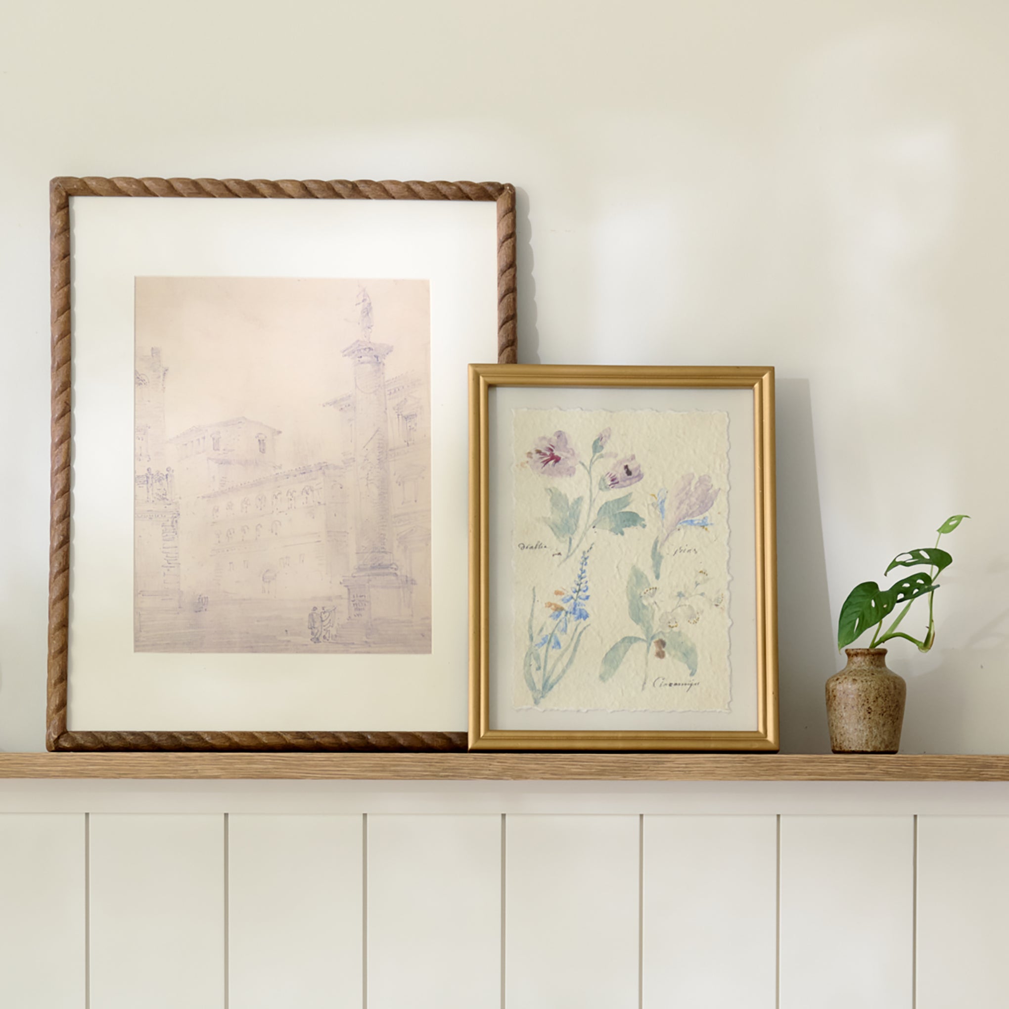 Watercolor Floral Framed Print shown on a shelf
