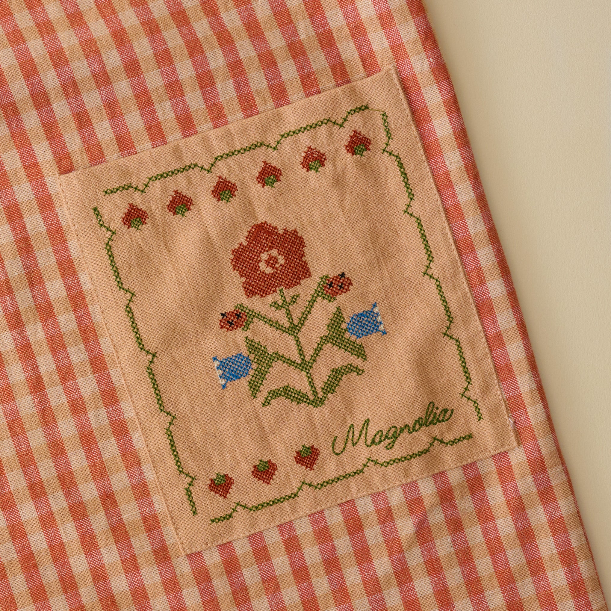 Strawberry Fields Cross Stitch Apron close up 