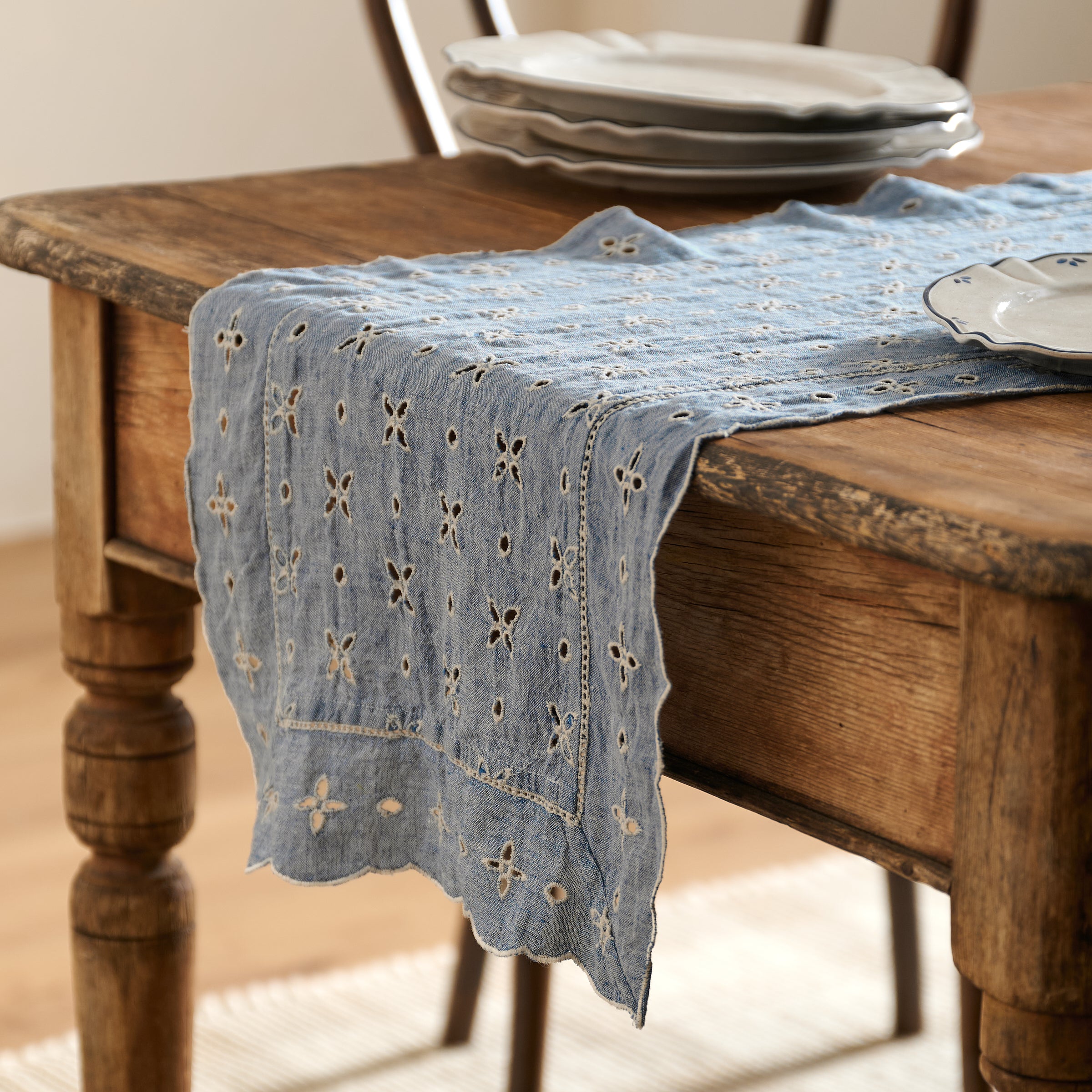 Chambray Eyelet Runner on table