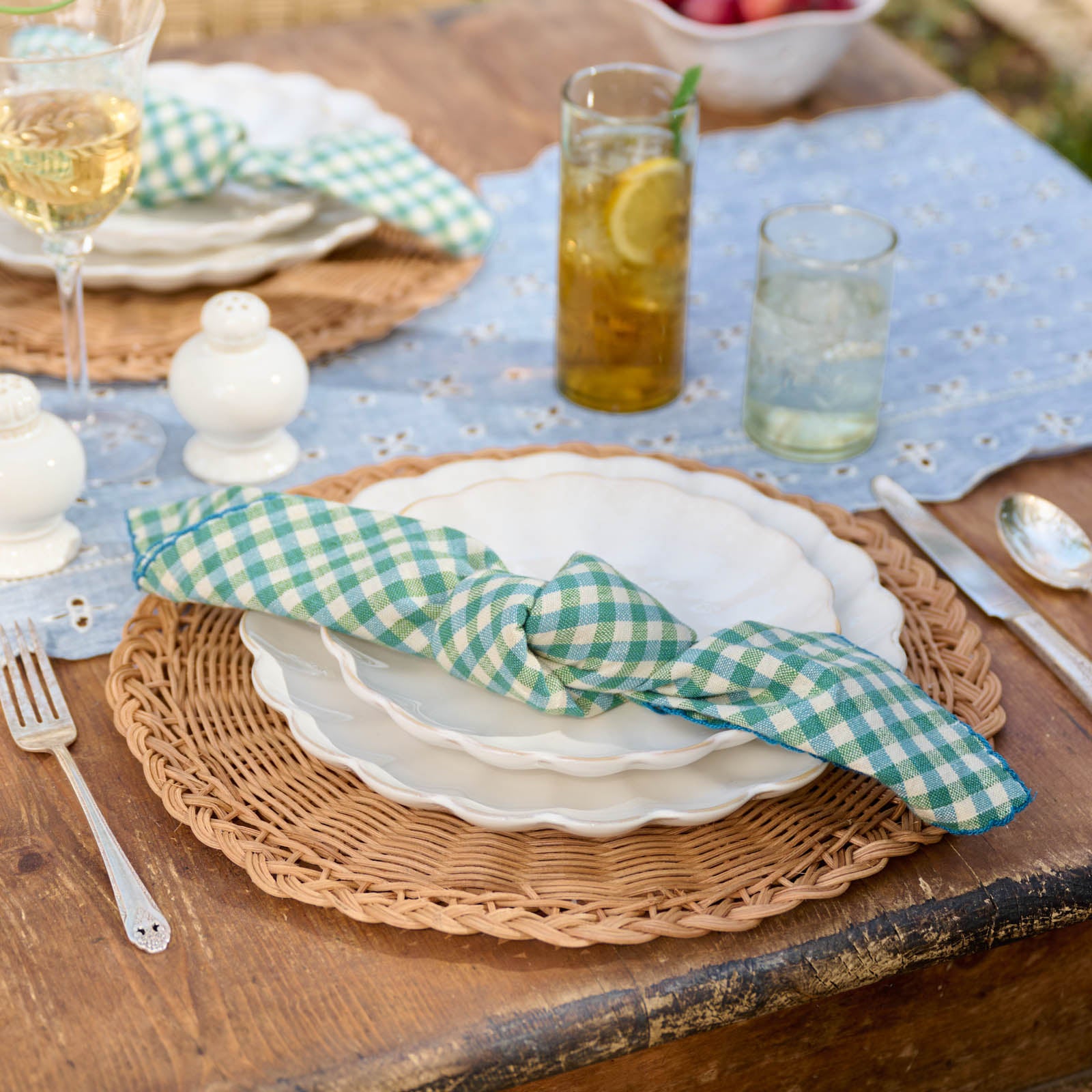 Meadow Check Napkin Set of 4 in a knot on summer tablescape