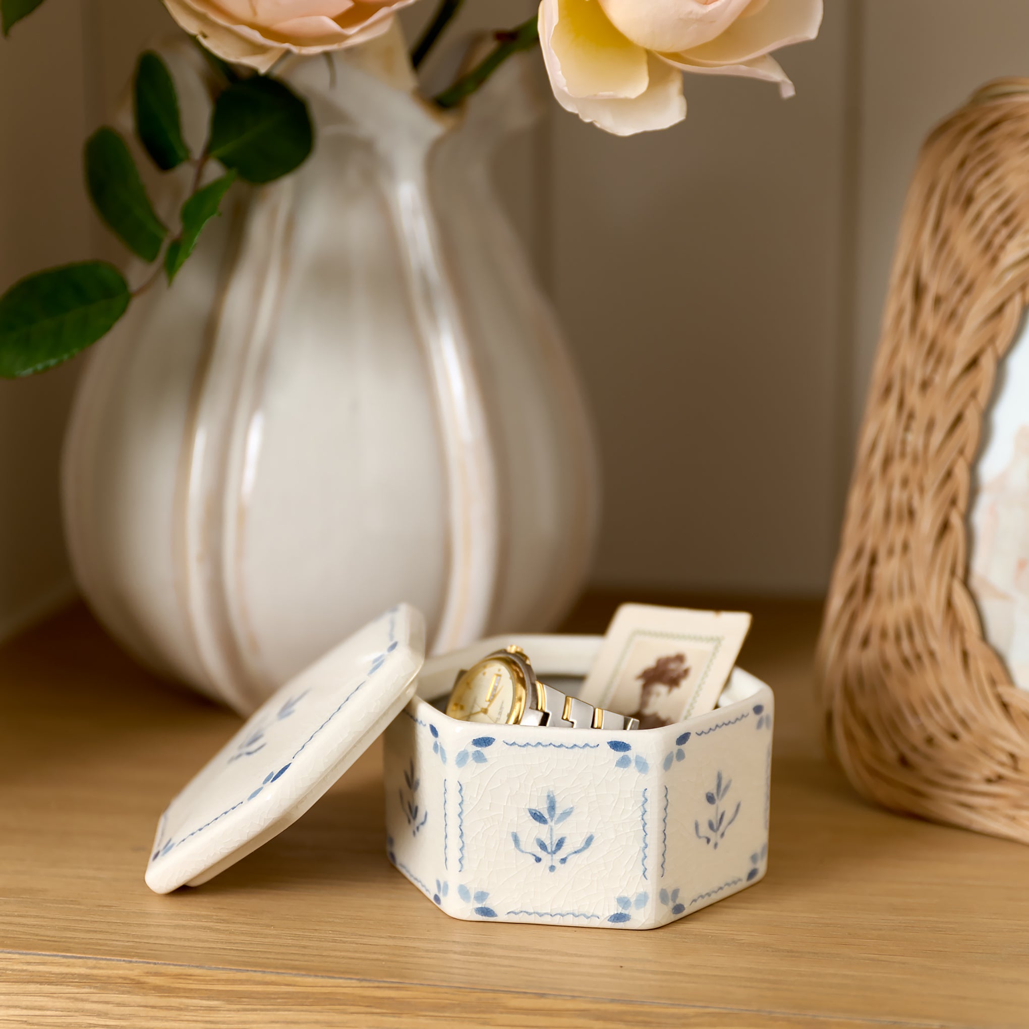 Juliet Ceramic Decorative Canisters on shelf with jewelry and photos