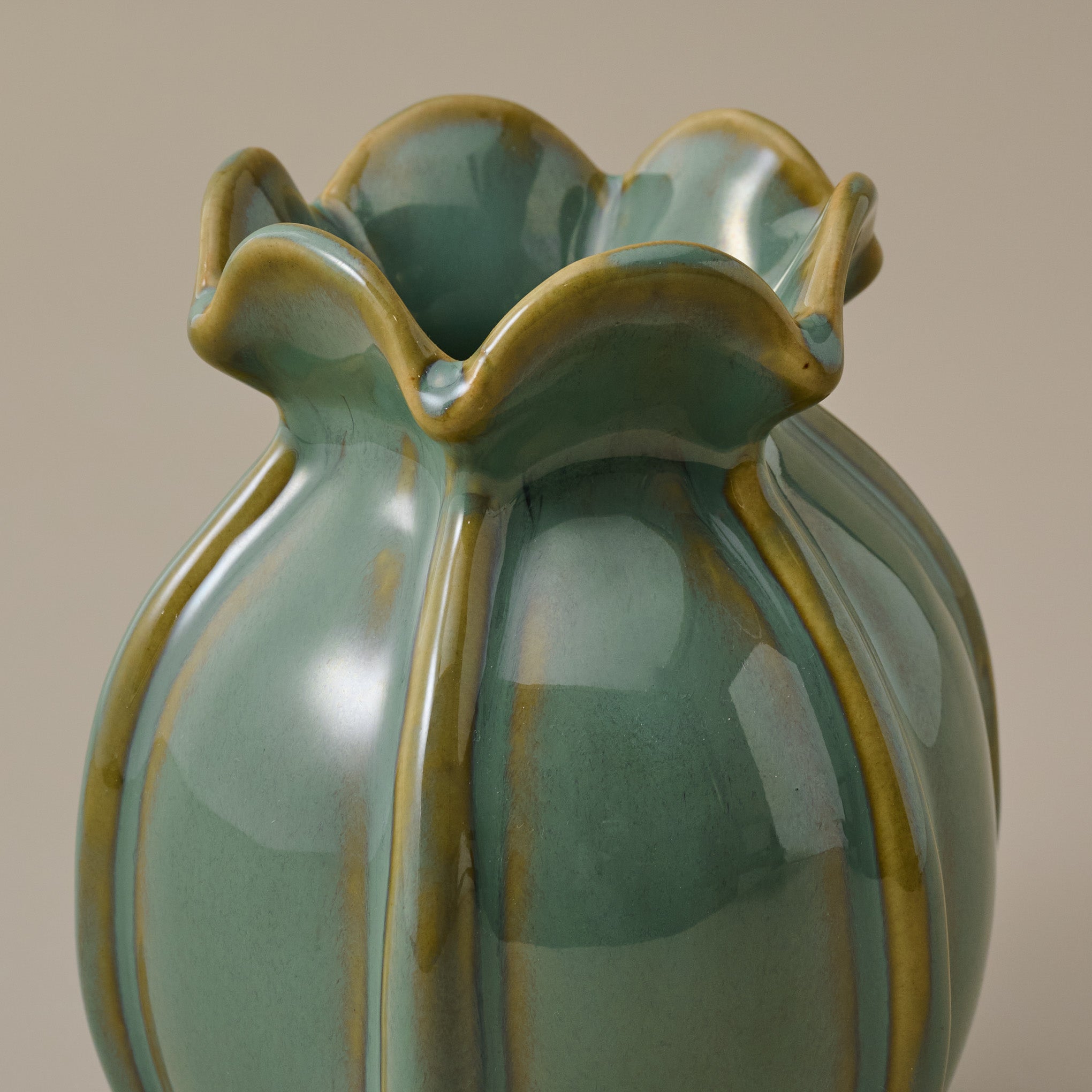 Jocelyn Green Ceramic Ruffled Vase close up