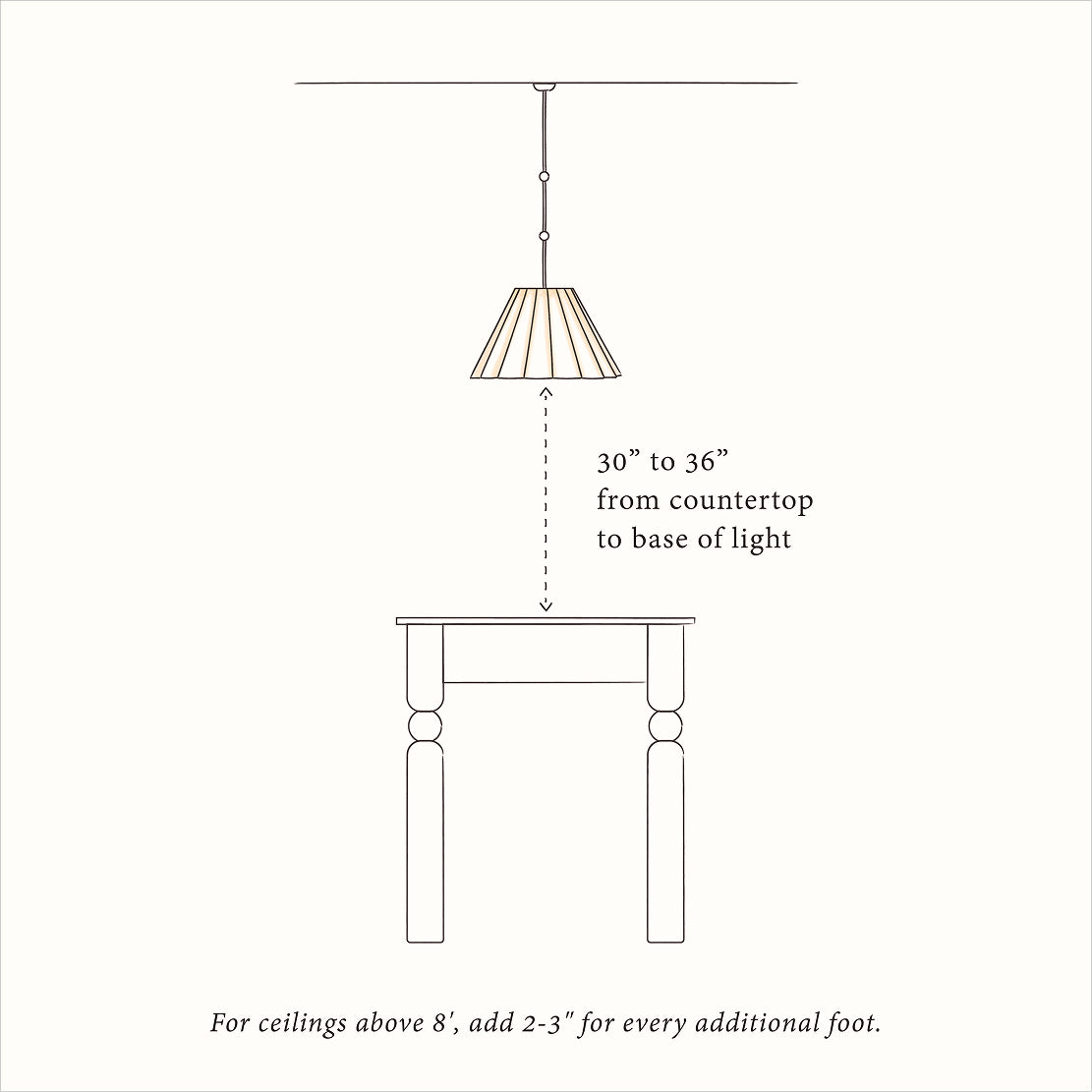 illustration of how high to hang a light fixture above a countertop or kitchen island