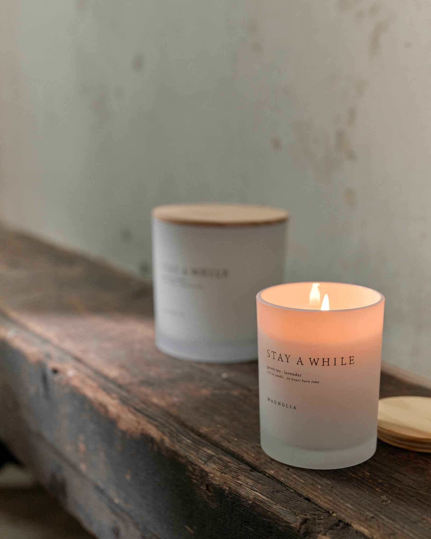 Magnoliass Stay a While Candle lit up