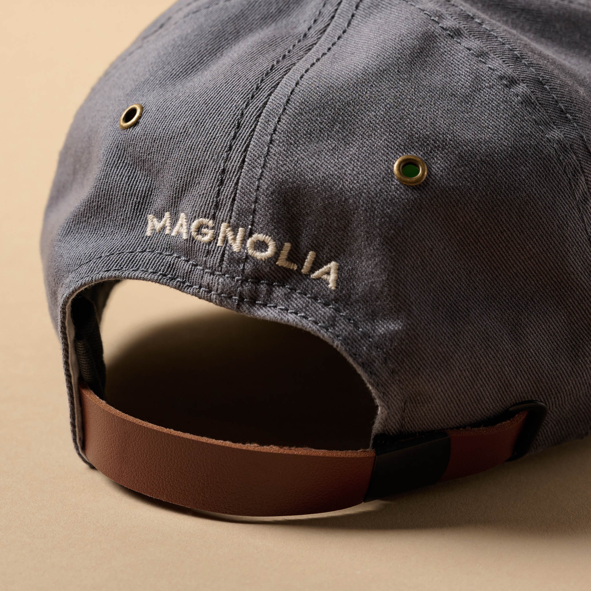 Silos Distressed Charcoal Baseball Hat Magnoliass on back of hat