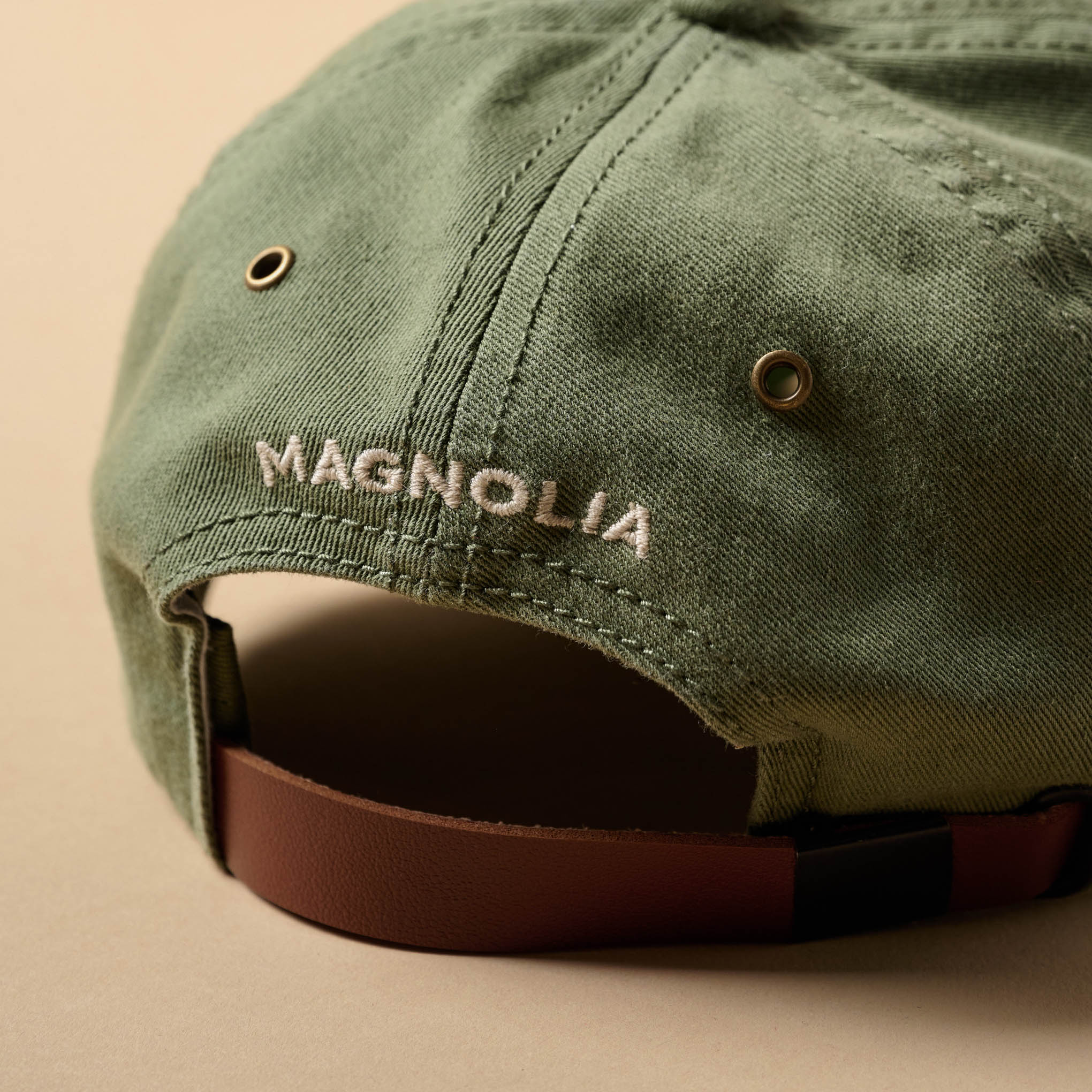 Silos Distressed Olive Baseball Hat Magnoliass on back of hat