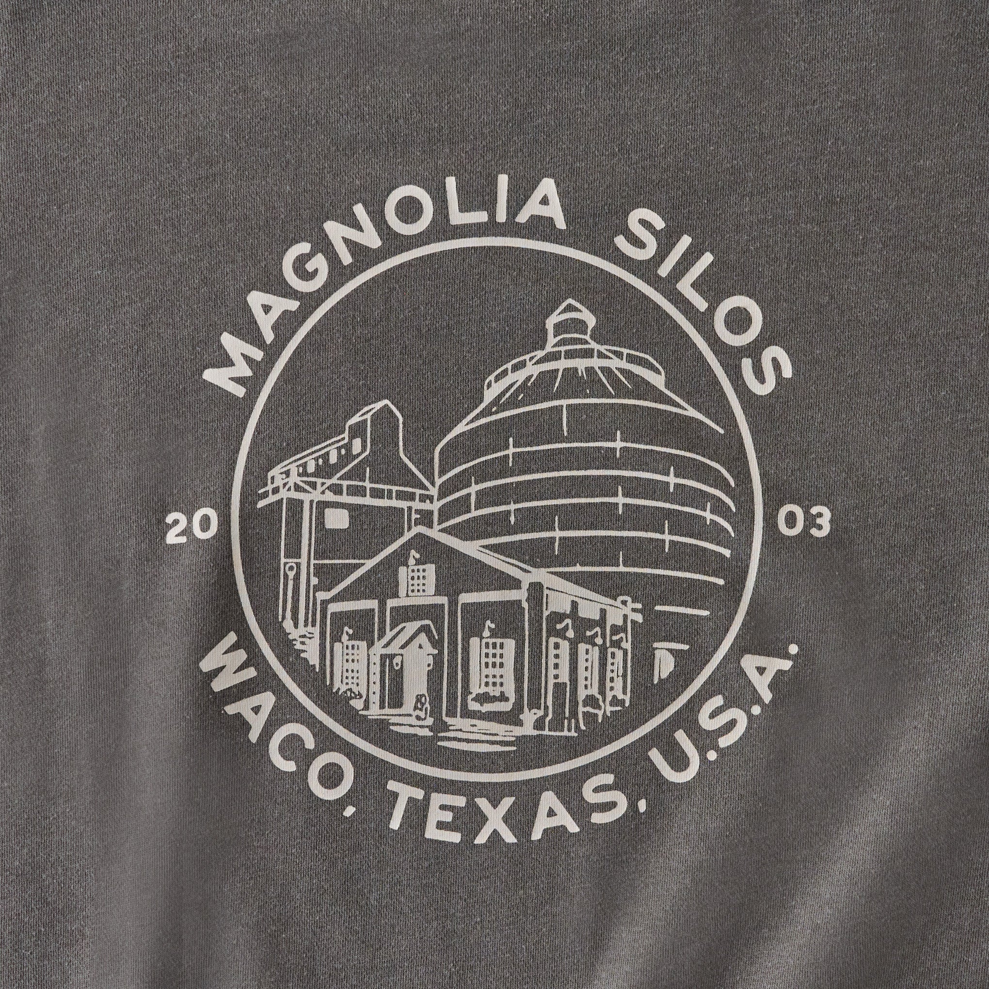 Magnoliass Silos Garment Dye Washed Black Sweatshirt back graphic up close