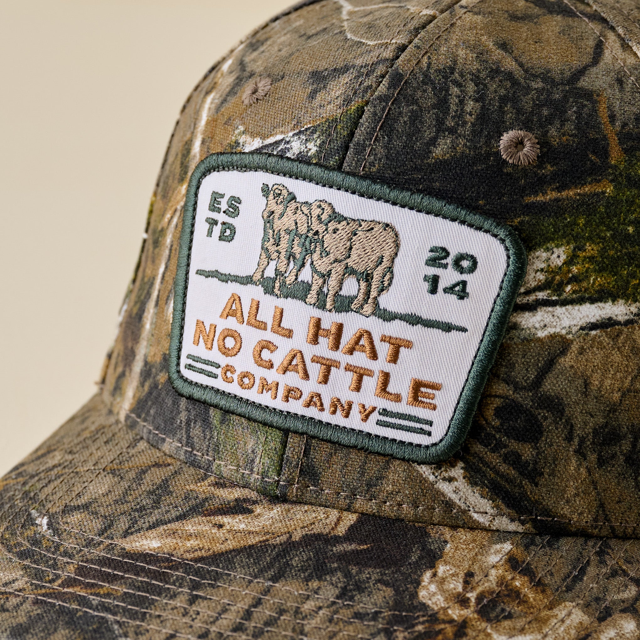 All Hat No Cattle Mossy Oak Camo Hat up close