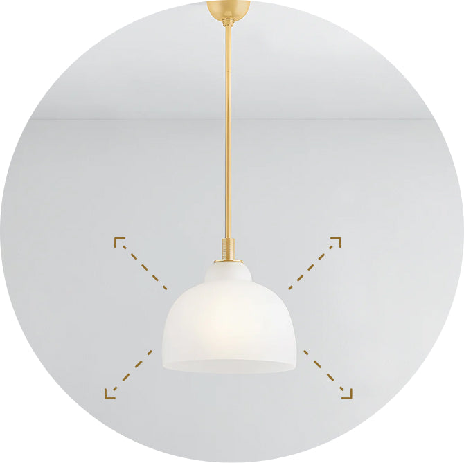 Hanging white glass lighting fixture with brass pole