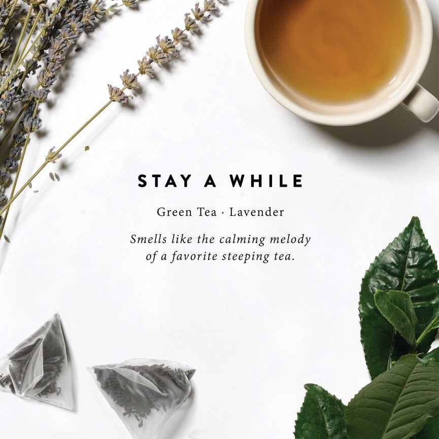 Magnoliass stay a while candle scent notes of green tea and lavender