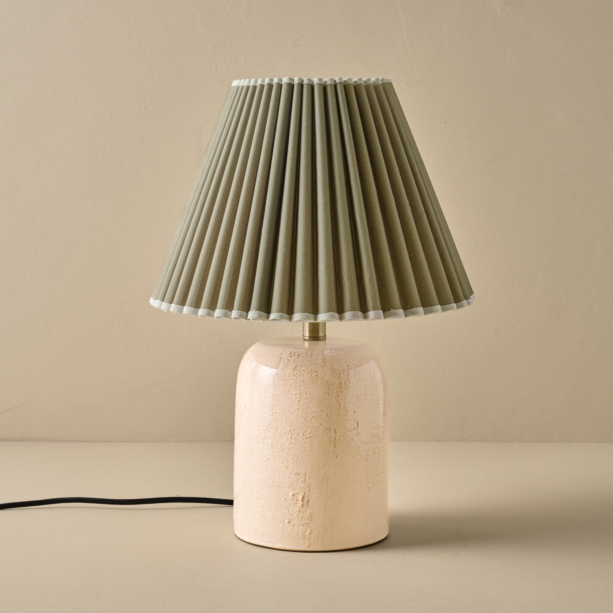 Farrah Table Lamp - Textured Cream with Olive Pleat shad