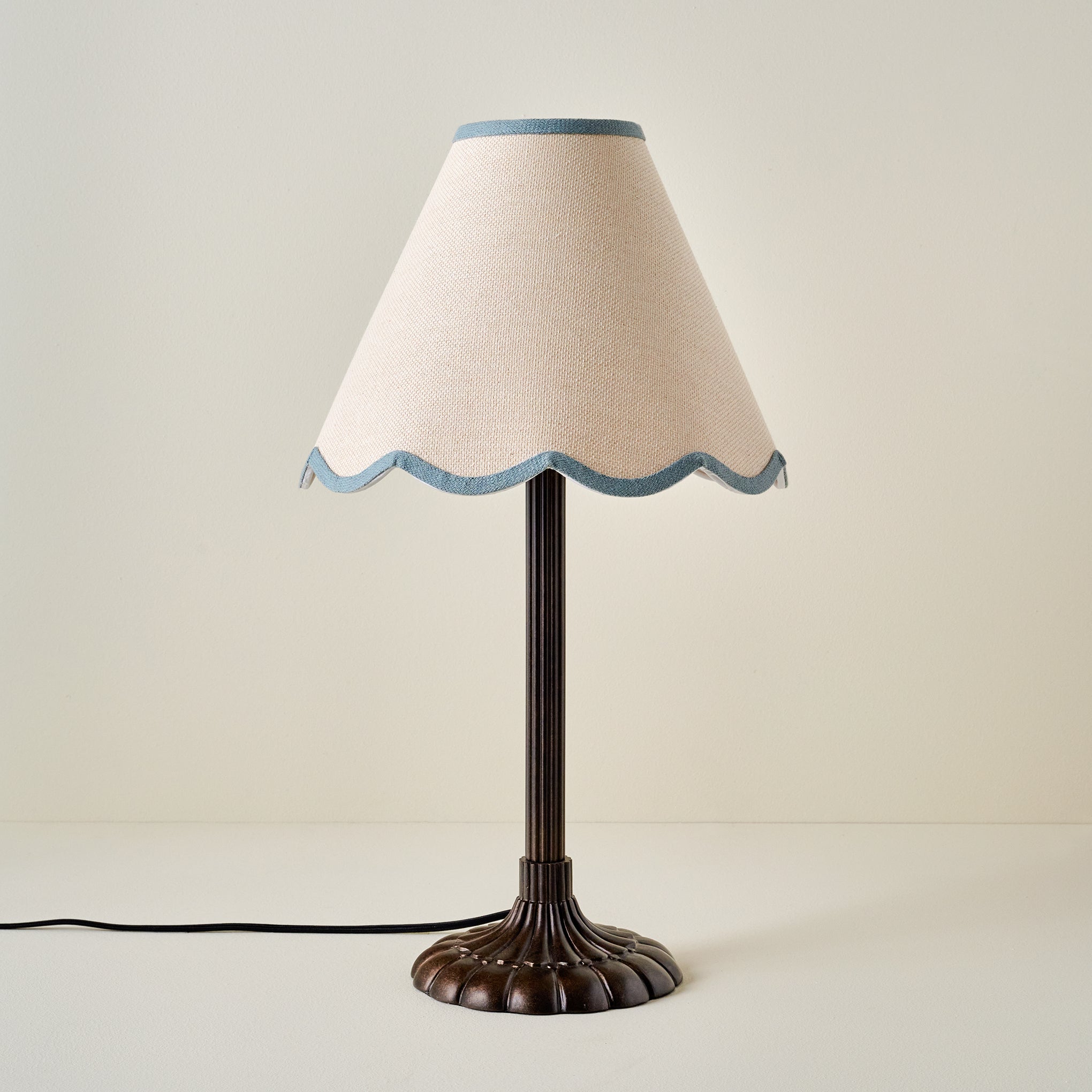 Stella Table Lamp-Bronze Scallop with Blue Wavy Linen Shade