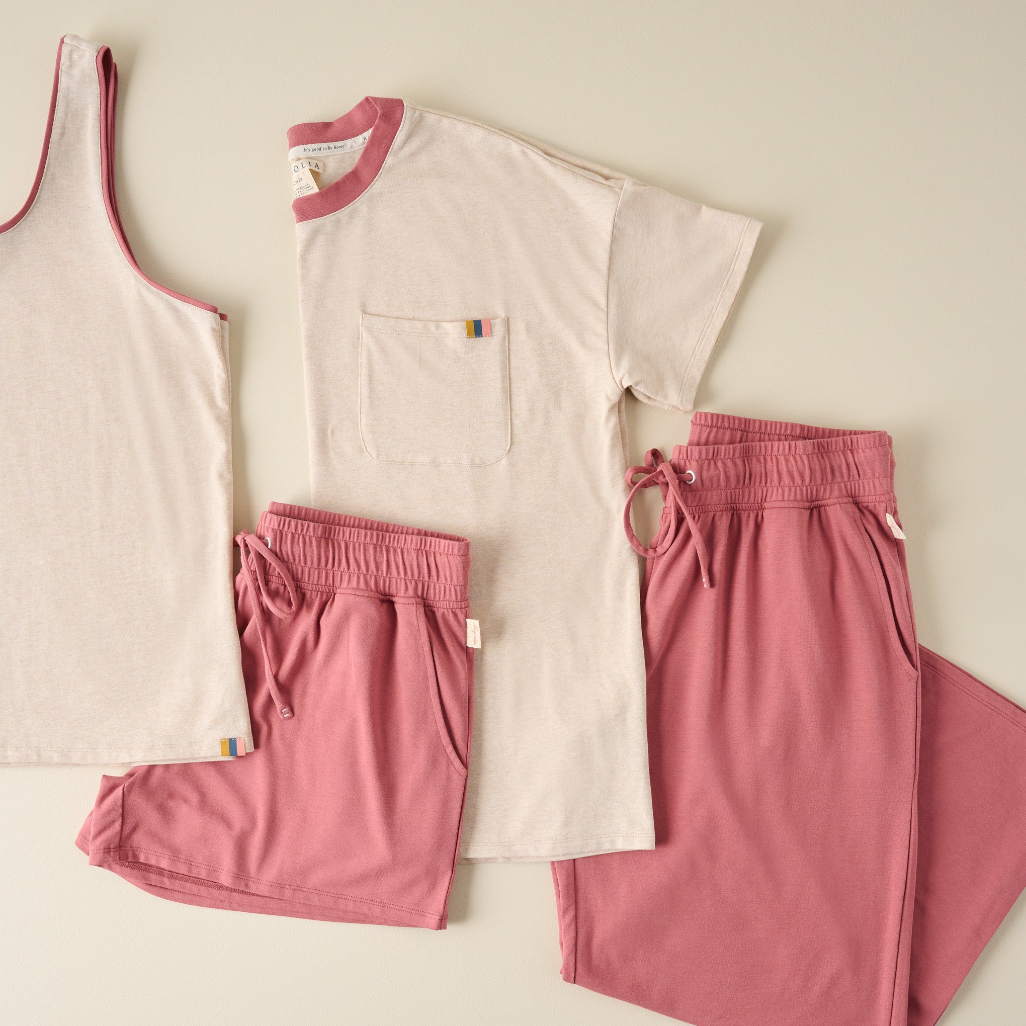 Weekender Dusty Rose Crop Pant shown with pieces from the rest of the collection
