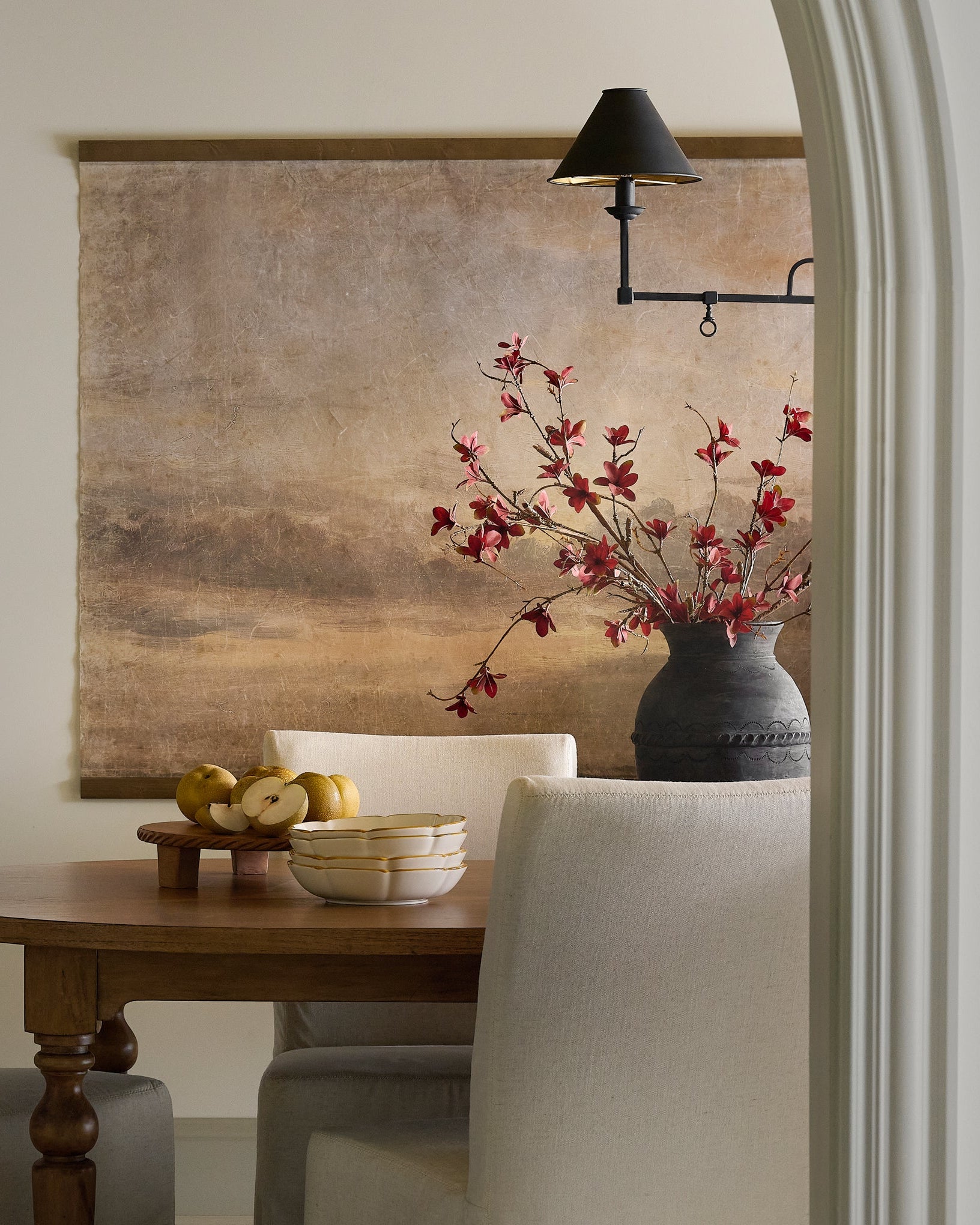 Oversized Celestial Drifts Vintage Tapestry shown hung in dining room