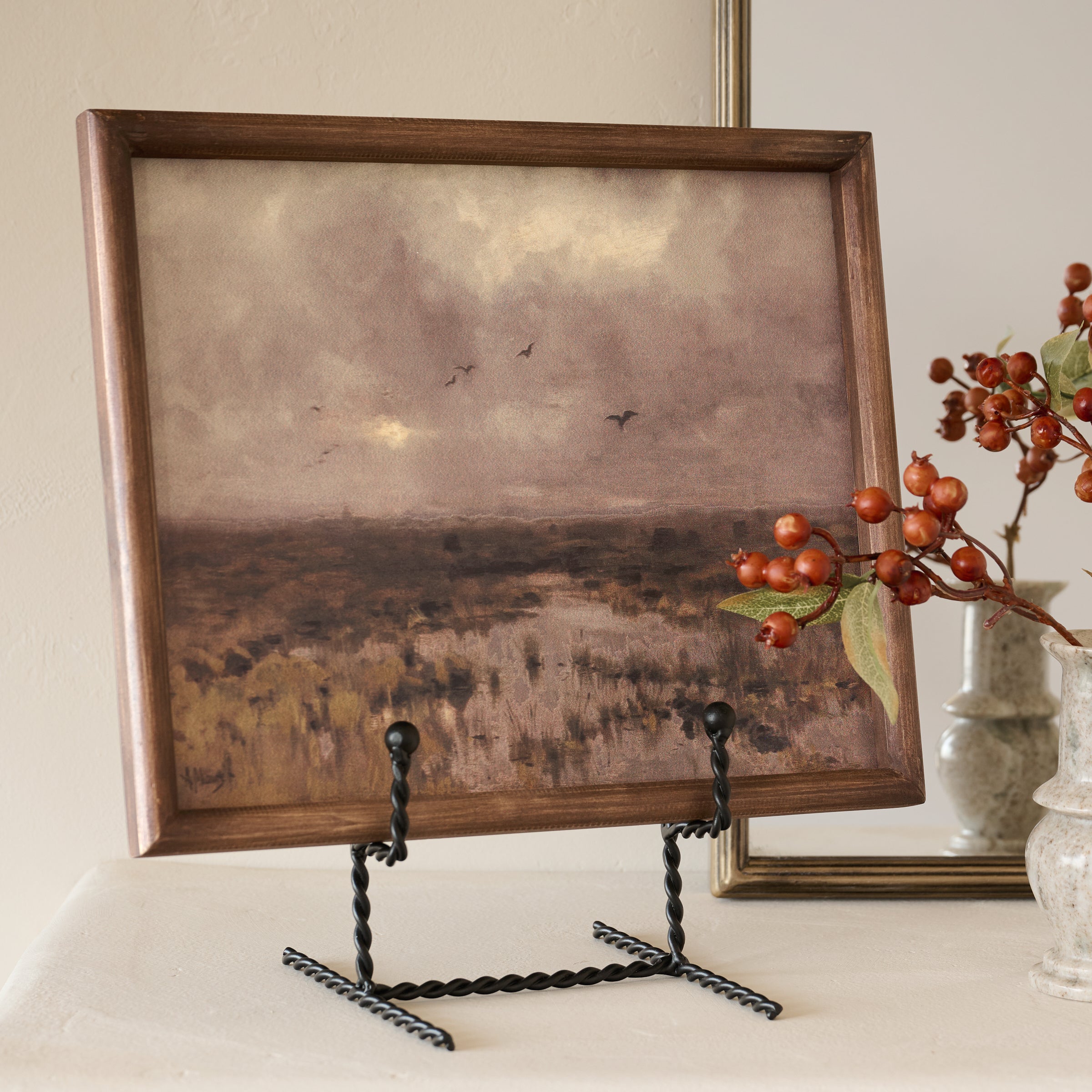 Twisted Metal Frame Easel shown with art