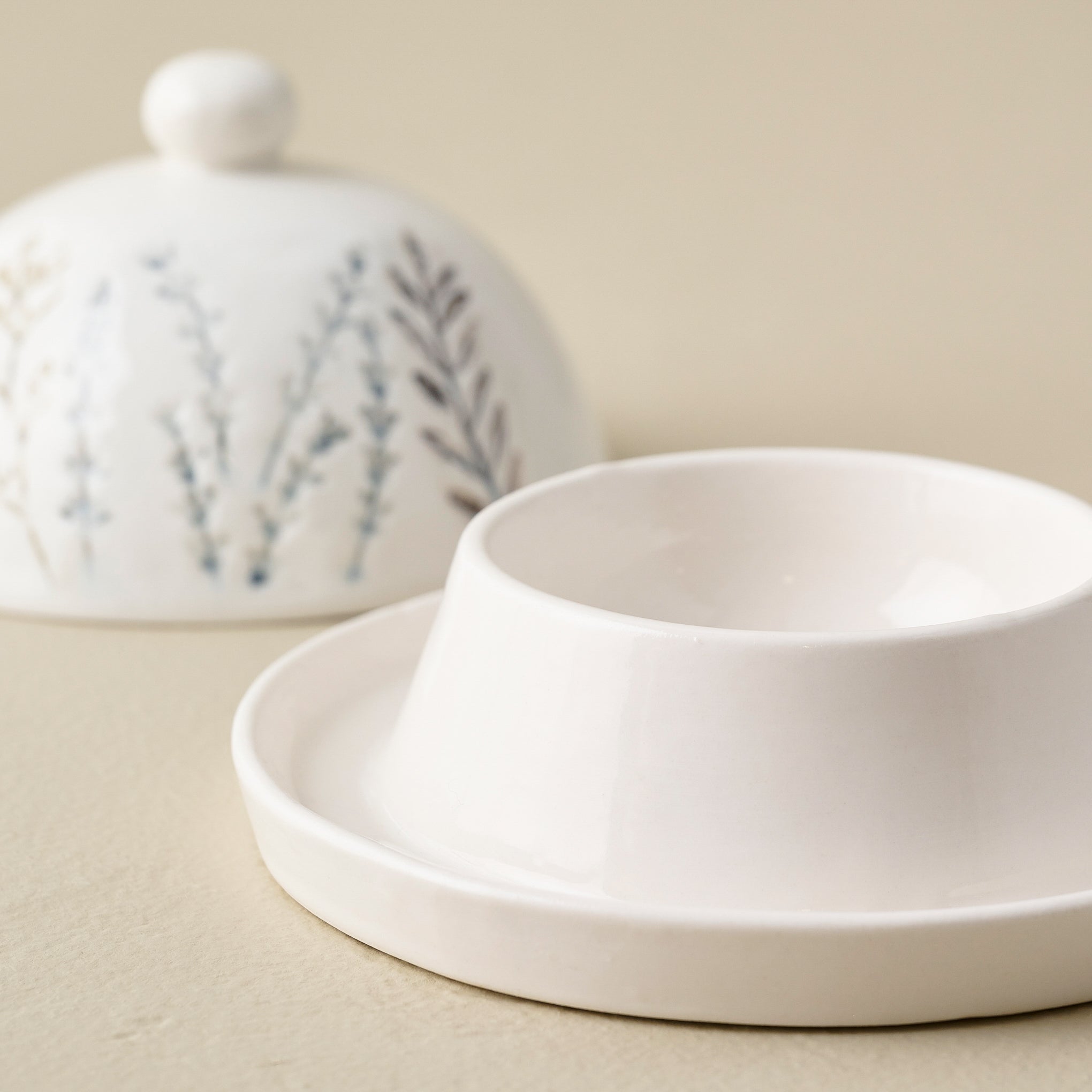 Pressed Floral Ceramic Butter Dish up close shown open