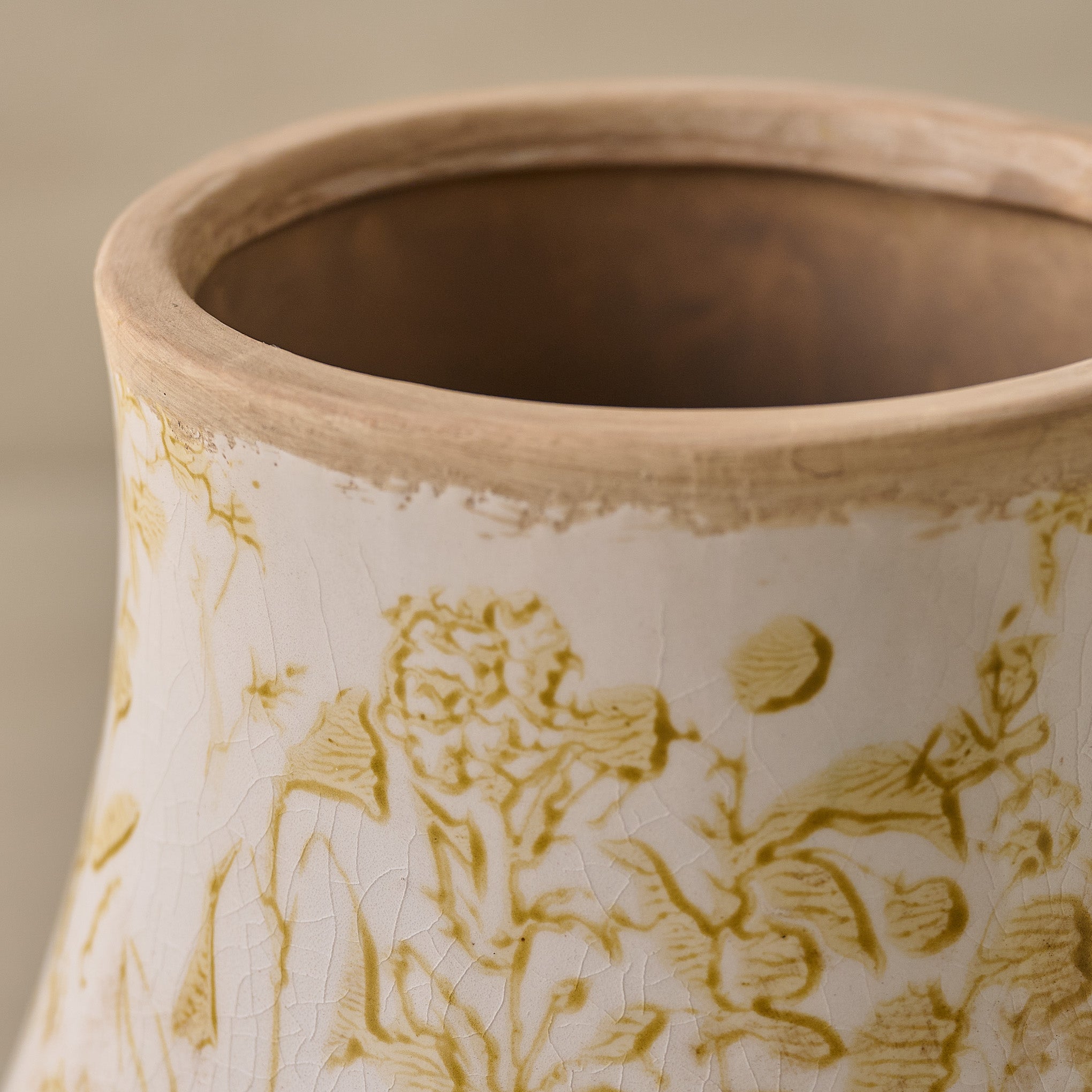 Distressed Tan Floral Vase up close