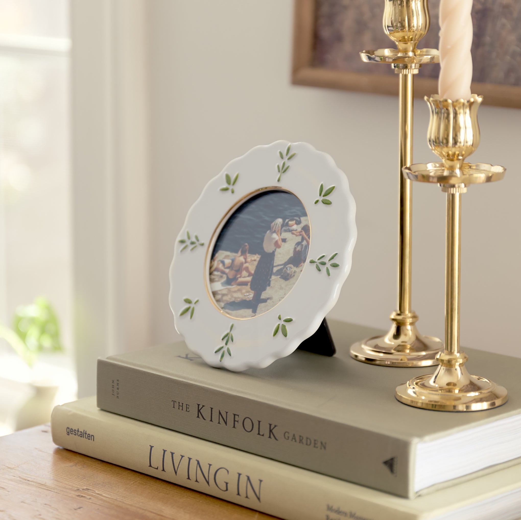 Fern Round Ceramic Juliet Photo Frame shown with other decor
