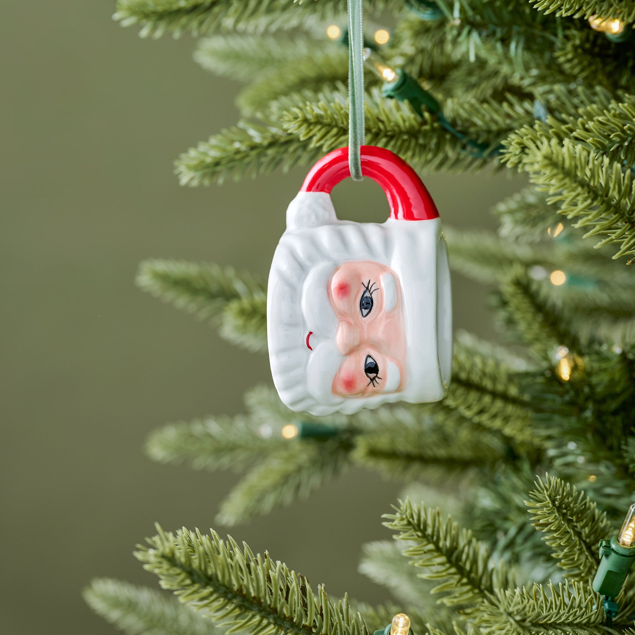 Vintage-Inspired Santa Mug Ornament shown on tree