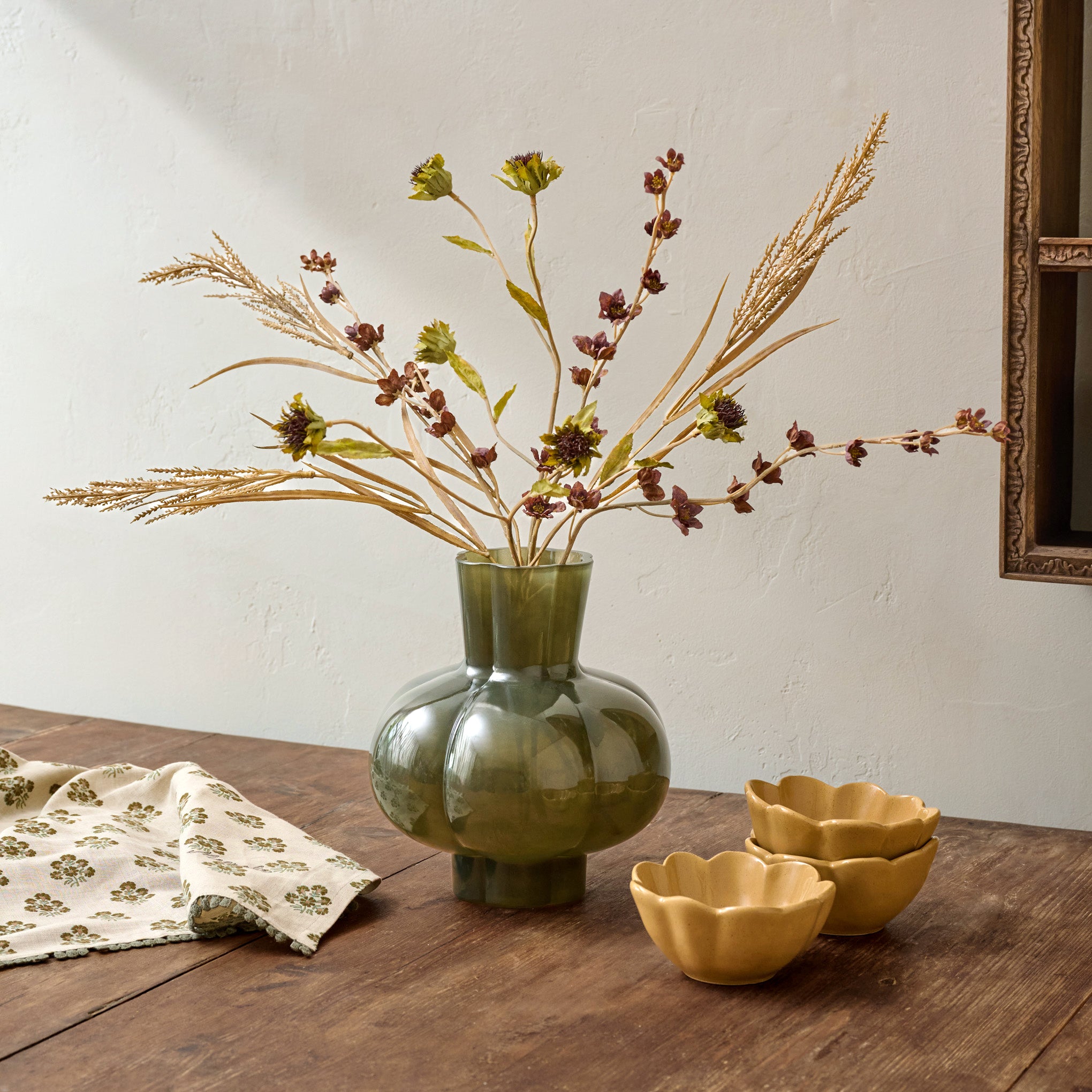 Autumnal Mixed Floral Bouquet in Pum shown in vase styled on table