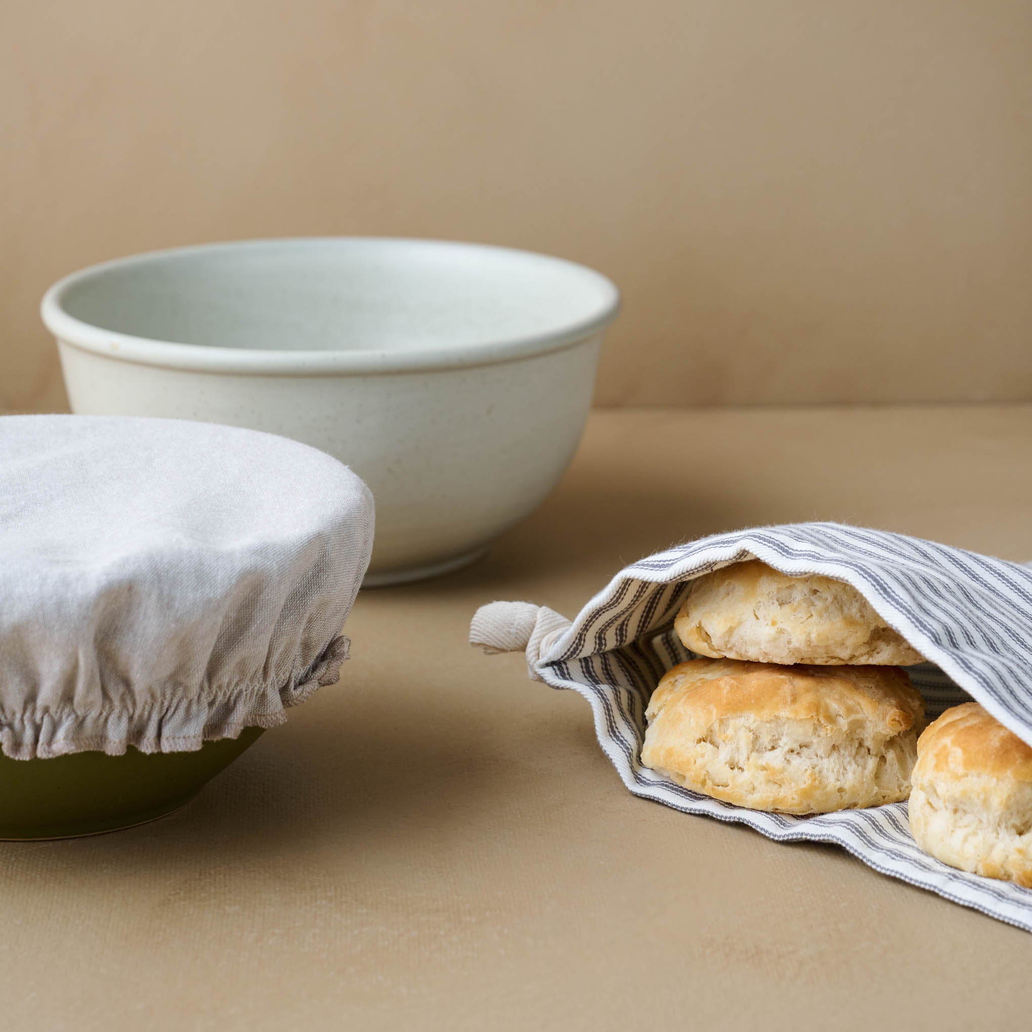 Bread Bowl Cover & Bag Set. Bag contains biscuits and bowl is covered